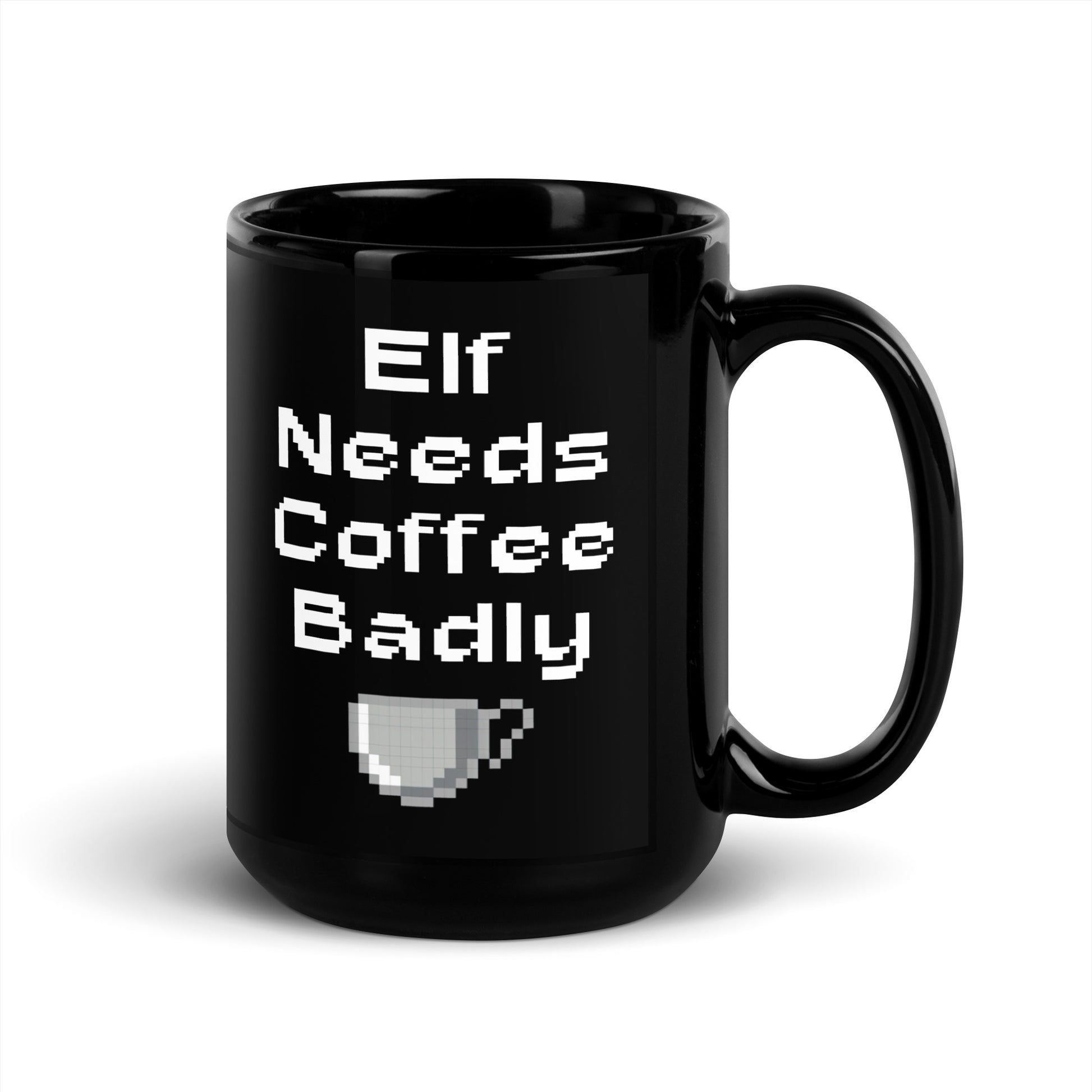 Black 15oz retro coffee mug featuring an ‘Elf Needs Coffee Badly’ video game design with handle on the right.