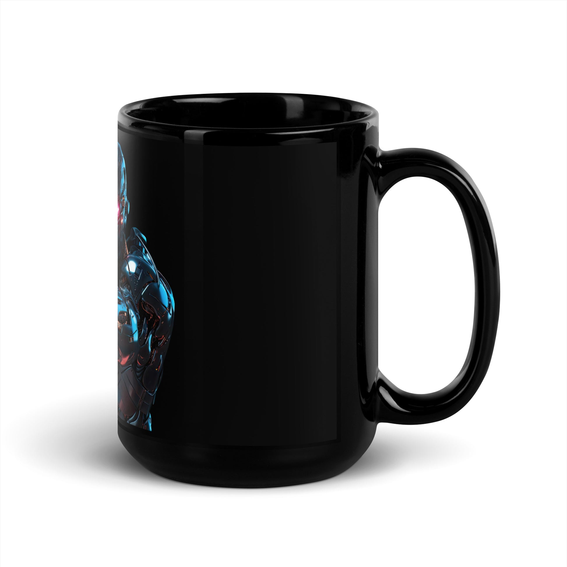 Black 15oz robot themed coffee mug featuring a futuristic Android Assassin design with handle on the right.