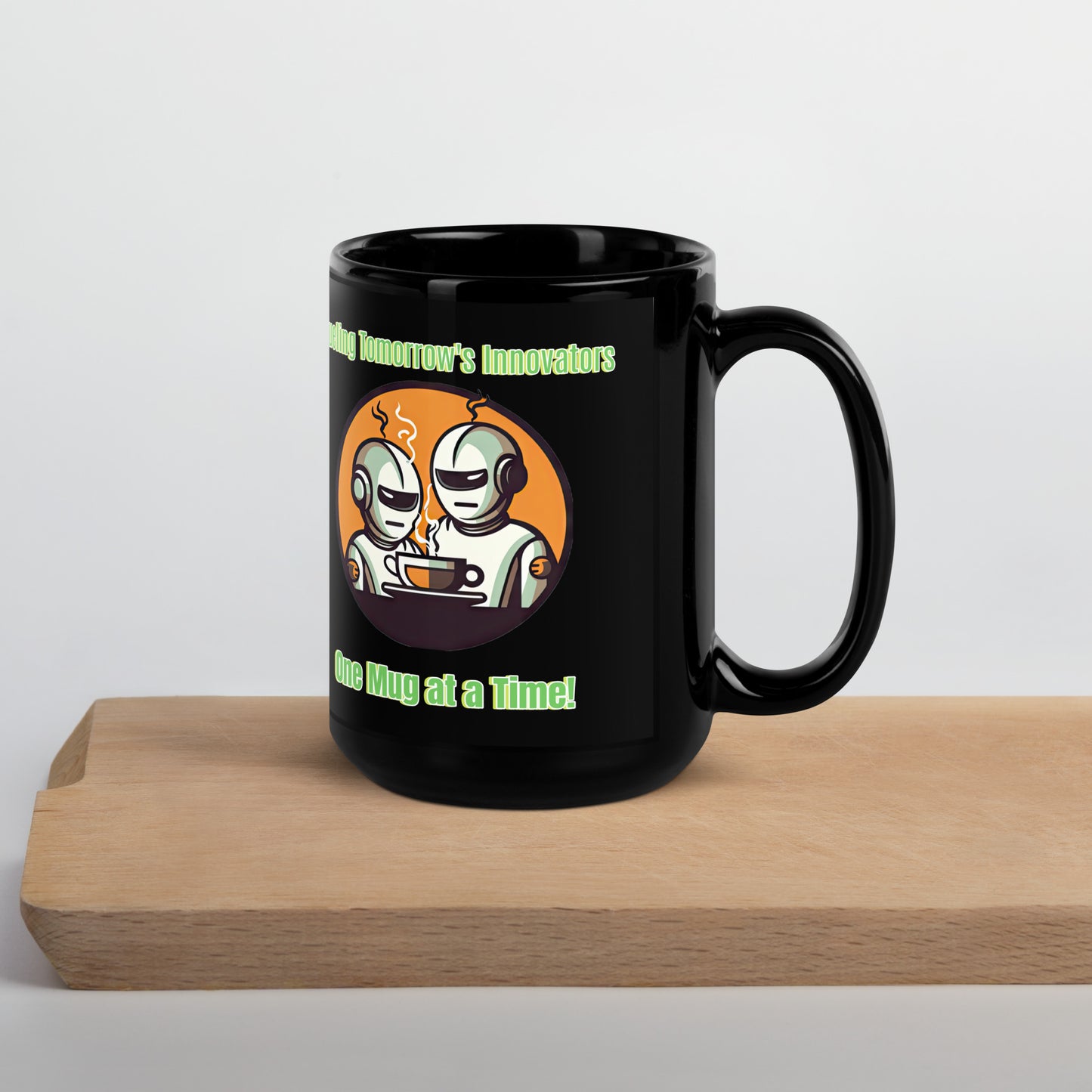 Black 15oz robot themed coffee mug with two robot baristas and slogan ‘Fueling Tomorrow's Innovators, One Mug at a Time!’