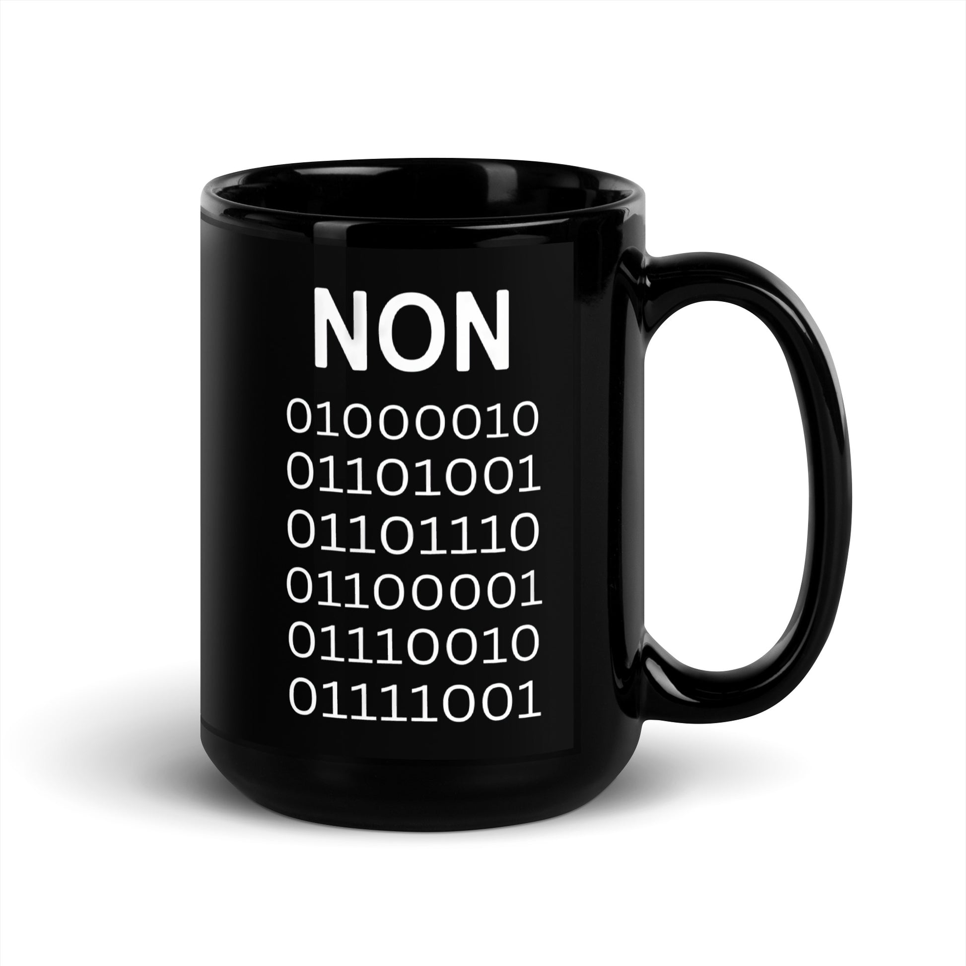 Black 15oz tech humor coffee mug with ‘Binary’ displayed in code under the word “Non’ with handle on the right.