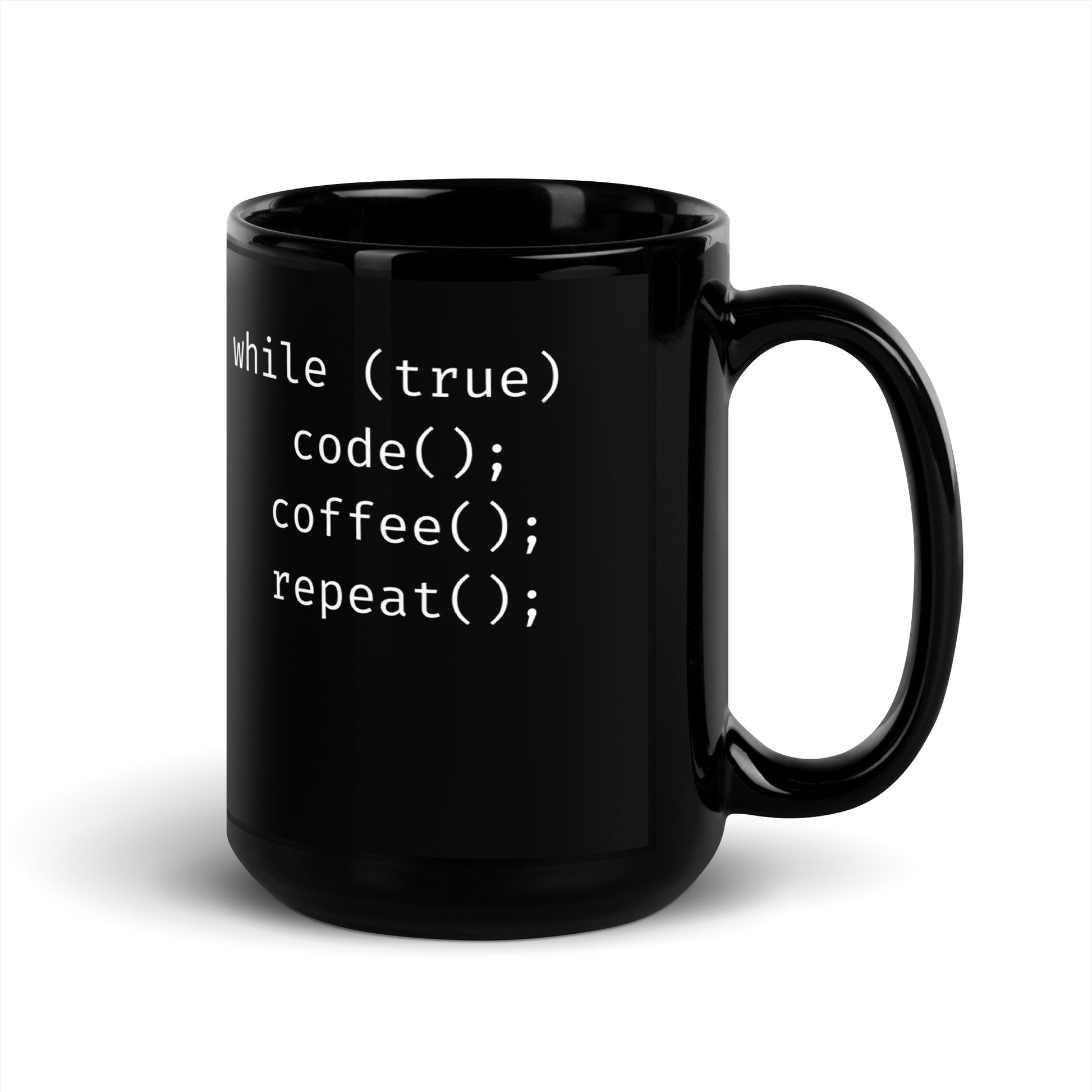 Black 15oz tech humor coffee mug featuring slogan “Code. Coffee. Repeat.” in code with handle on the right.