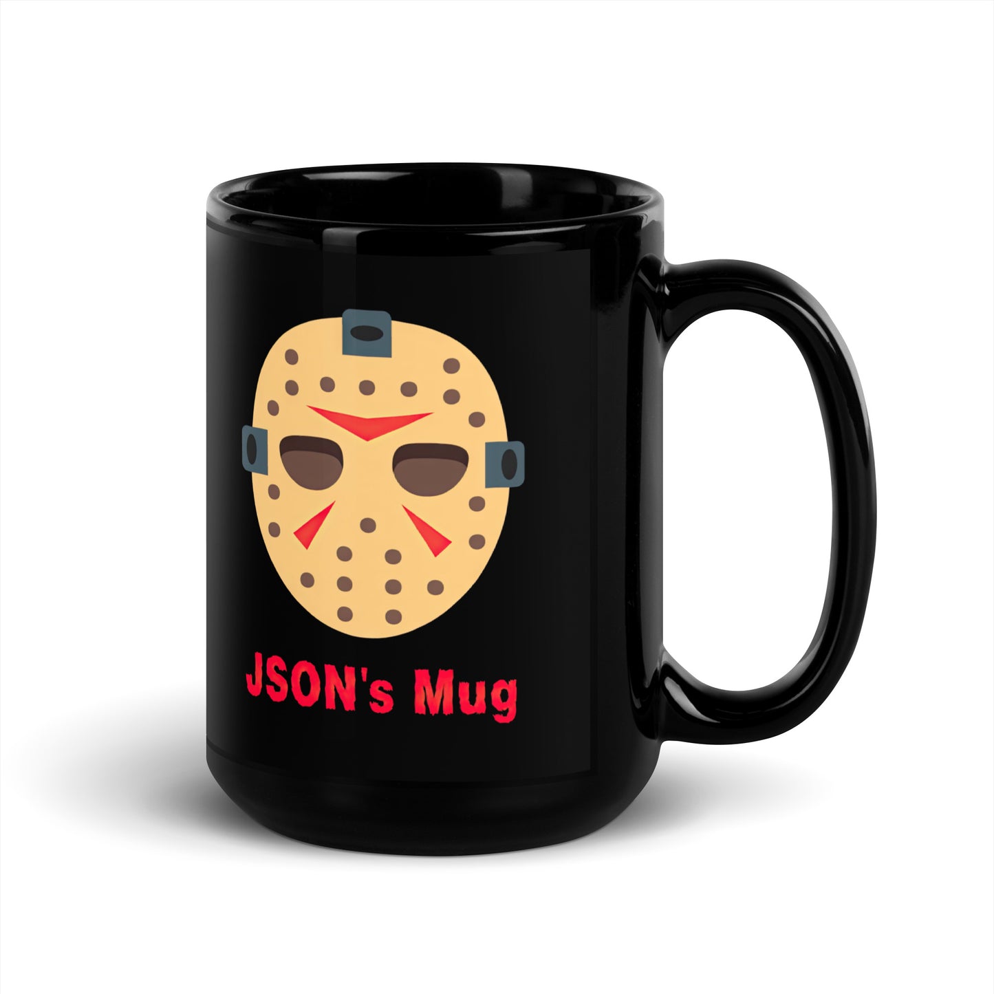 Black 15oz tech humor horror coffee mug with a hockey mask design that reads ‘JSON's Mug’ handle on the right.