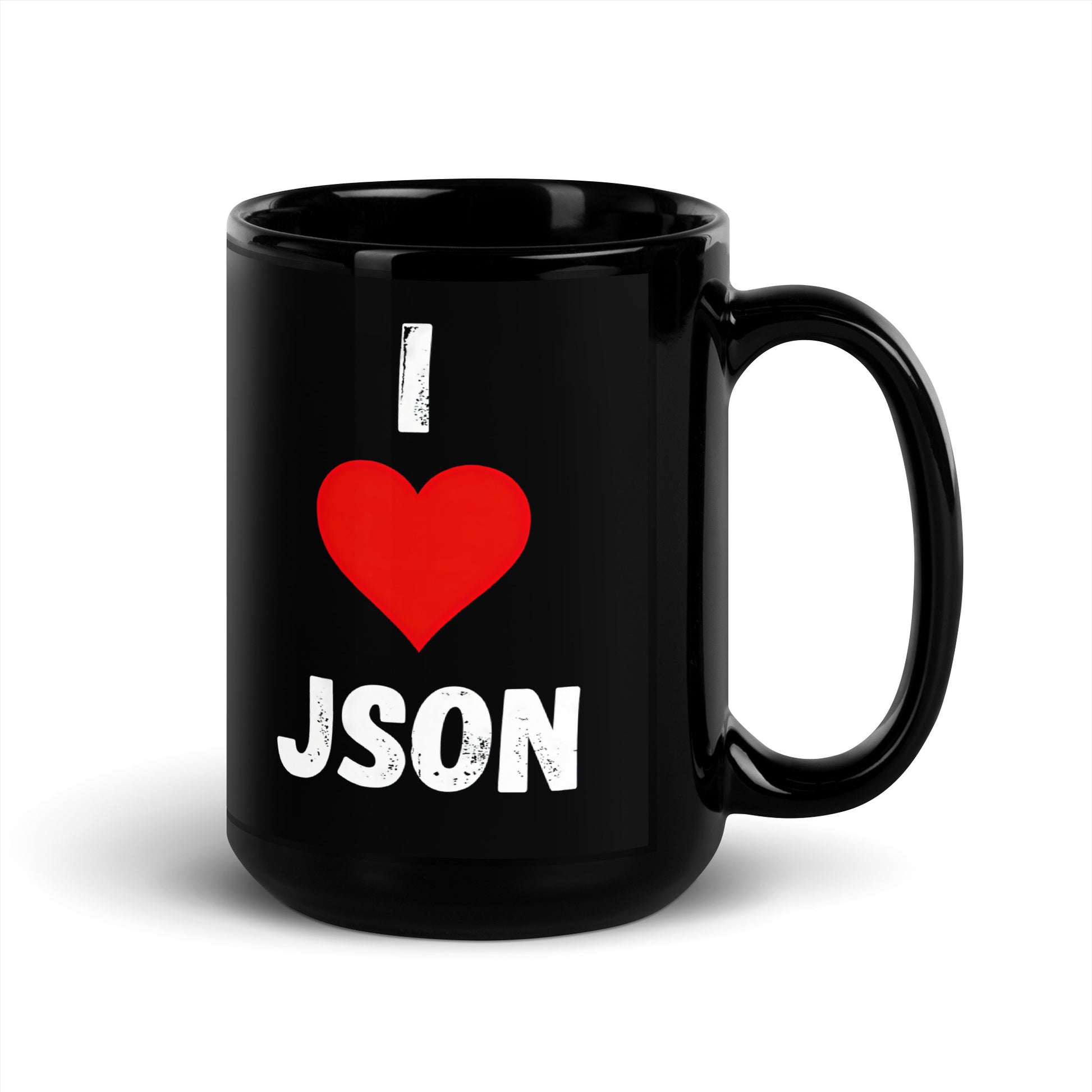 Black 15oz tech humor coffee mug with a design slogan ‘I Love JSON’ with handle on right.