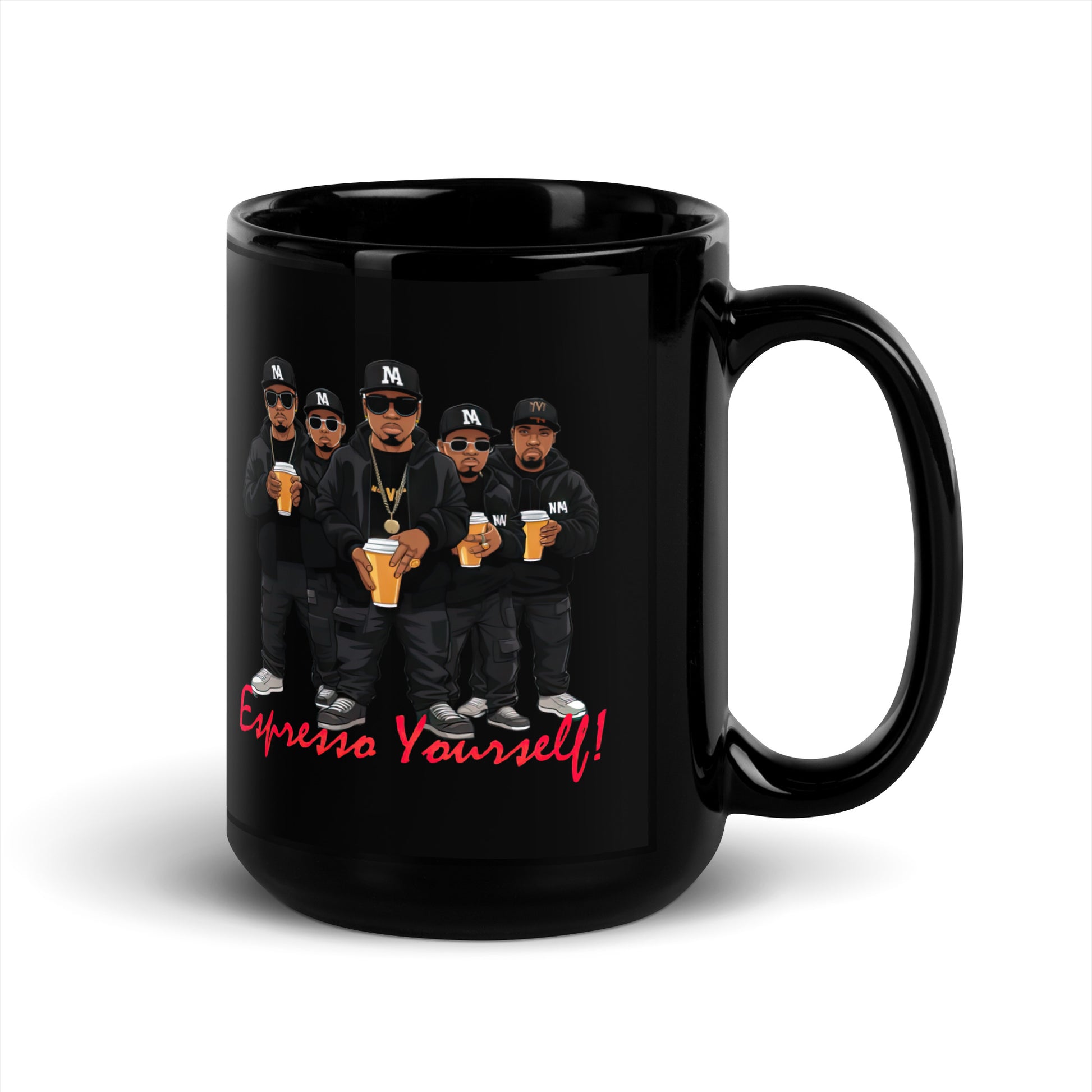 Black 15oz retro coffee mug featuring a rap group design with the slogan ‘Espresso Yourself!’ with handle on the right.