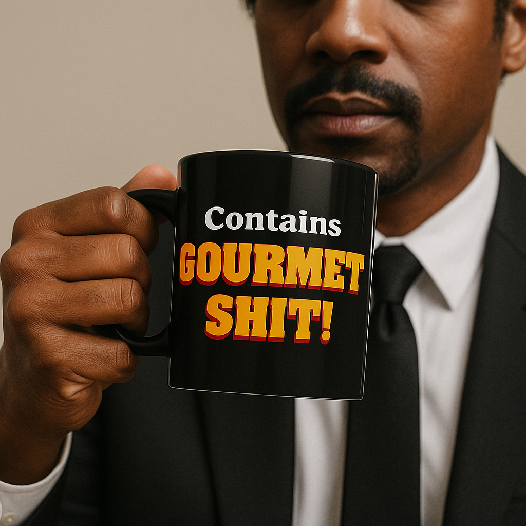 “Man in black suit holding retro movie quote coffee mug up close”