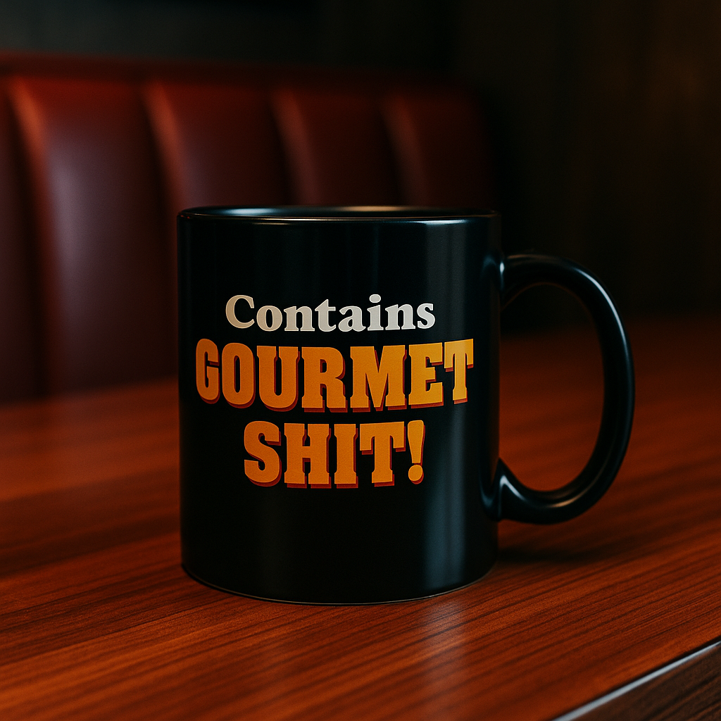 Black coffee mug on table with words Contains Gourmet Shit from movie Pulp Fiction