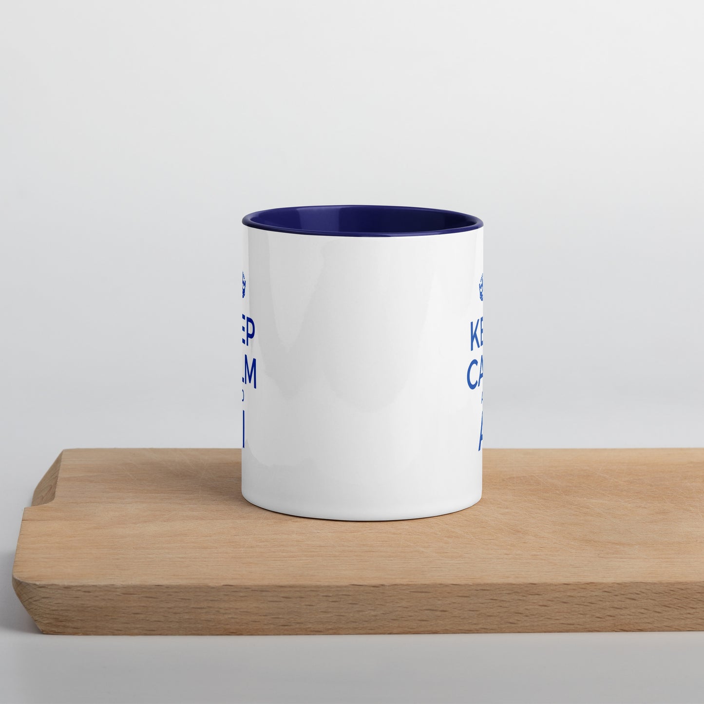 White with blue color inside 11oz tech humor coffee mug with a vintage Keep Calm design that reads ‘Keep Calm and AI’.