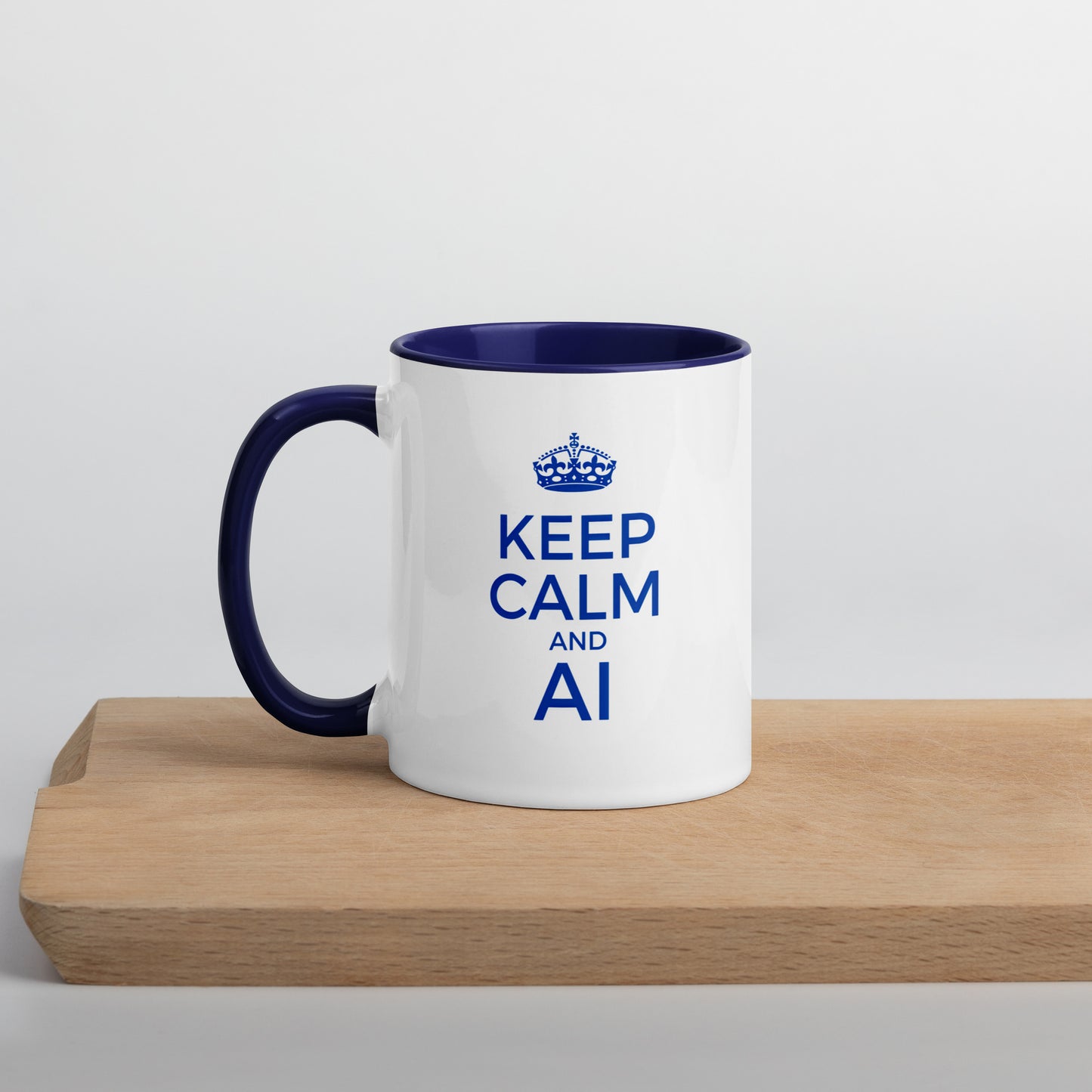 White with blue color inside 11oz tech humor coffee mug with a vintage Keep Calm design that reads ‘Keep Calm and AI’.