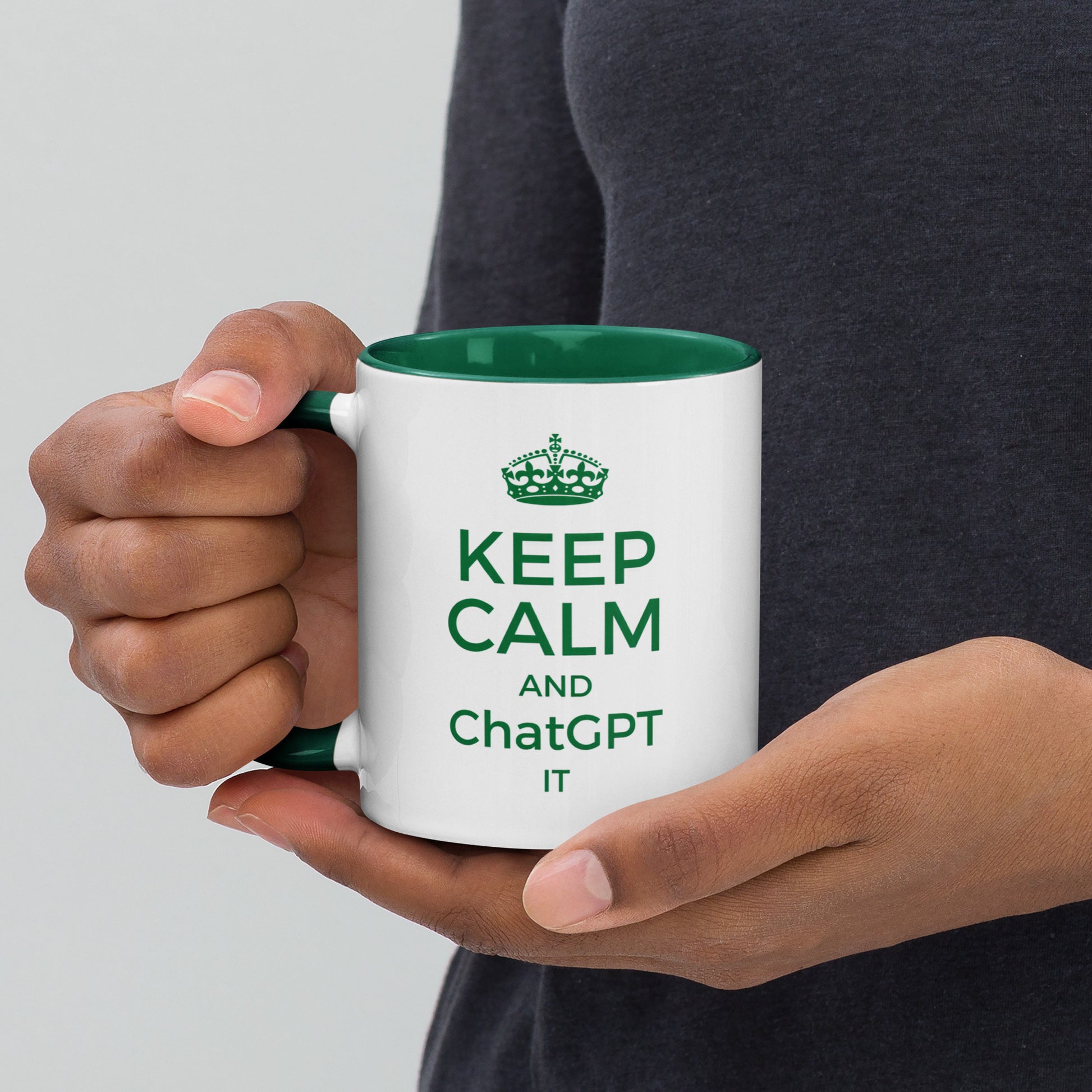 White with green color inside 11oz tech humor coffee mug with vintage Keep Calm design that reads ‘Keep Calm And ChatGPT It’.