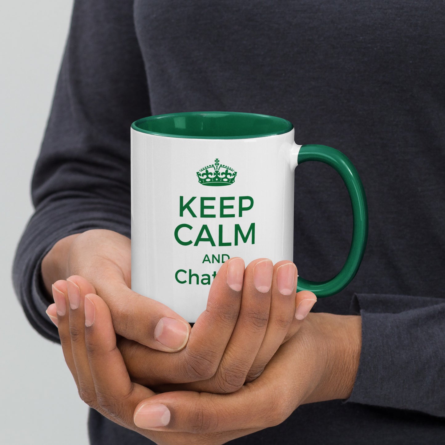 White with green color inside 11oz tech humor coffee mug with vintage Keep Calm design that reads ‘Keep Calm And ChatGPT It’.