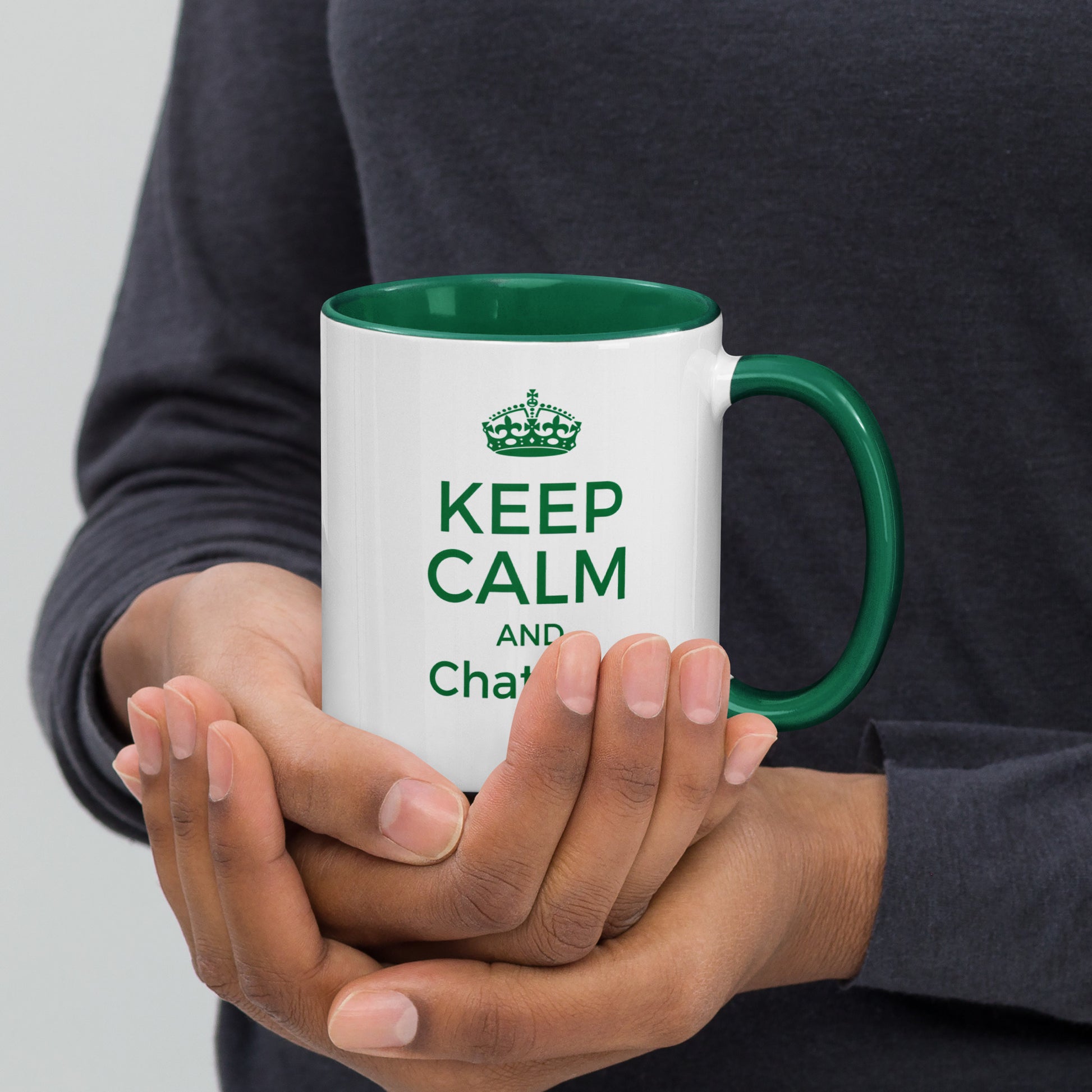 White with green color inside 11oz tech humor coffee mug with vintage Keep Calm design that reads ‘Keep Calm And ChatGPT It’.