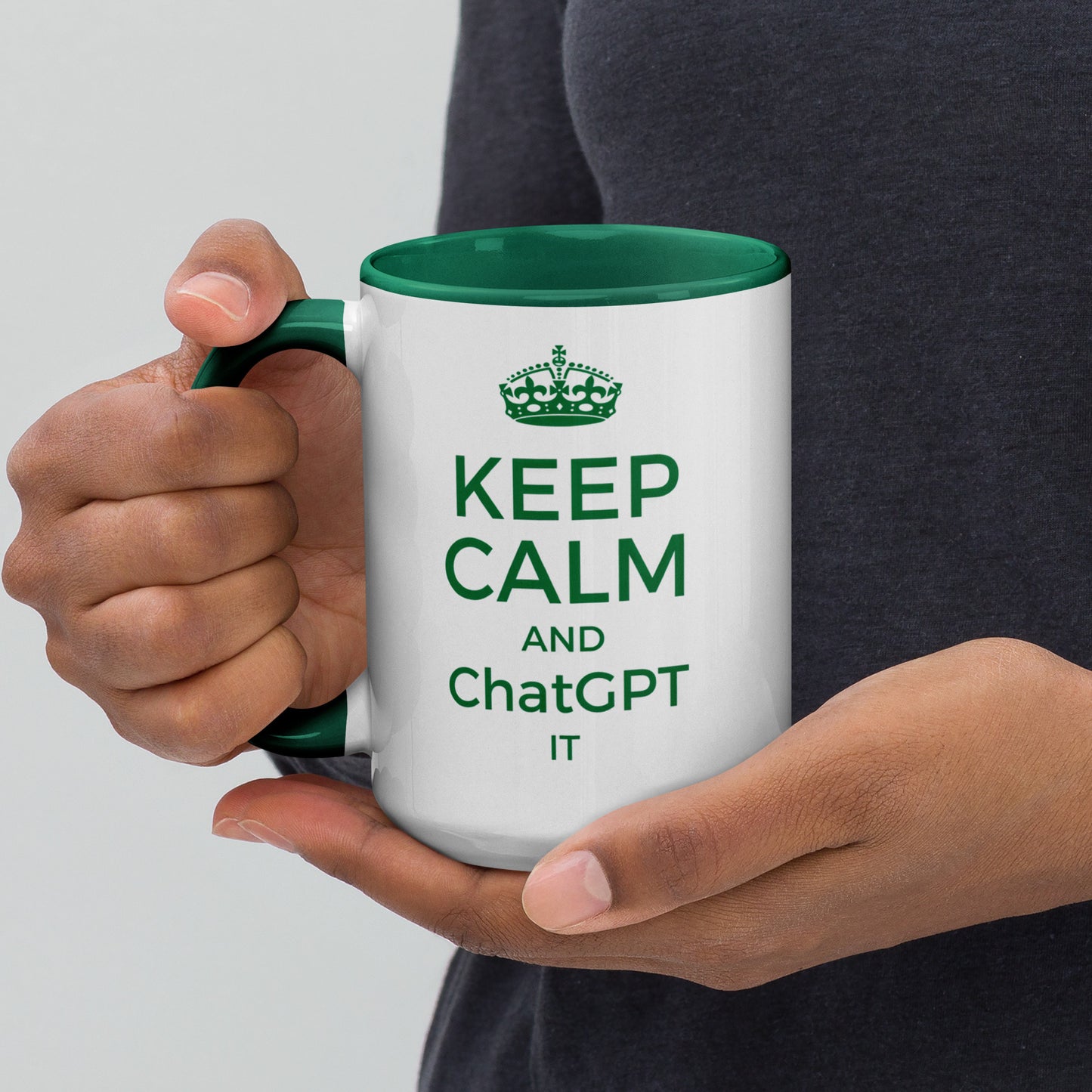 White with green color inside 15oz tech humor coffee mug with vintage Keep Calm design that reads ‘Keep Calm And ChatGPT It’.