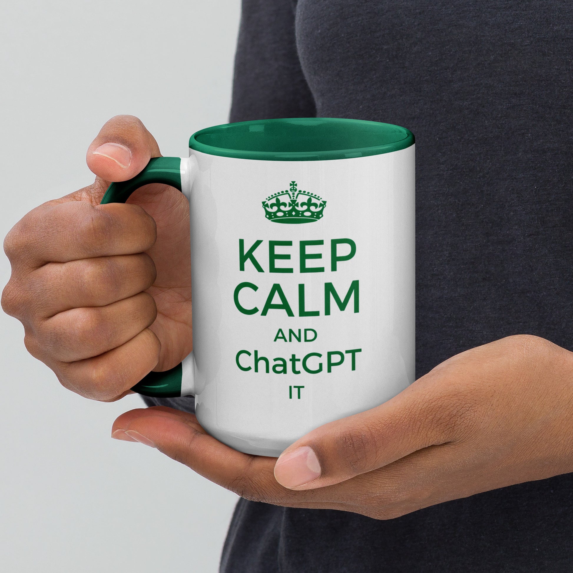 White with green color inside 15oz tech humor coffee mug with vintage Keep Calm design that reads ‘Keep Calm And ChatGPT It’.