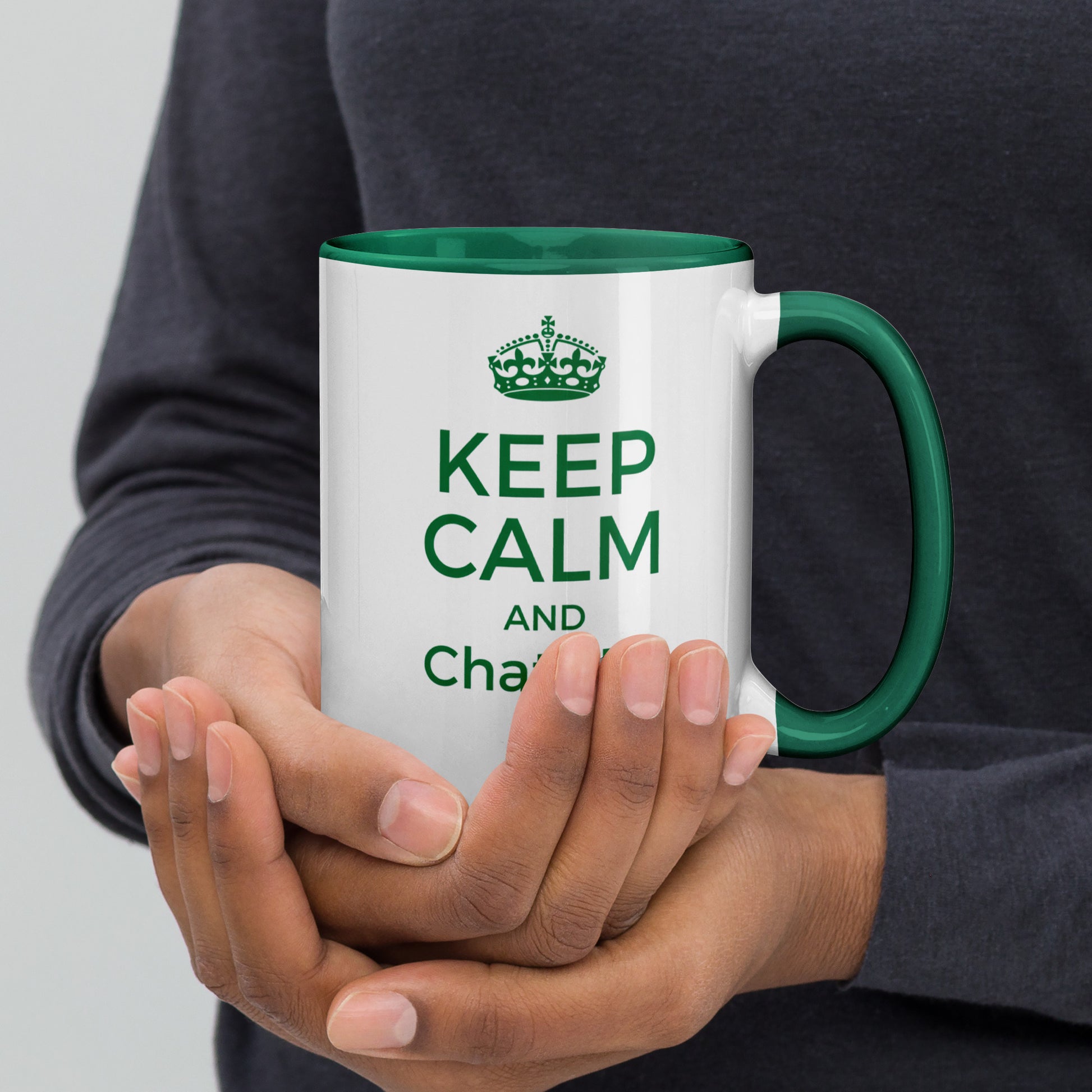 White with green color inside 15oz tech humor coffee mug with vintage Keep Calm design that reads ‘Keep Calm And ChatGPT It’.