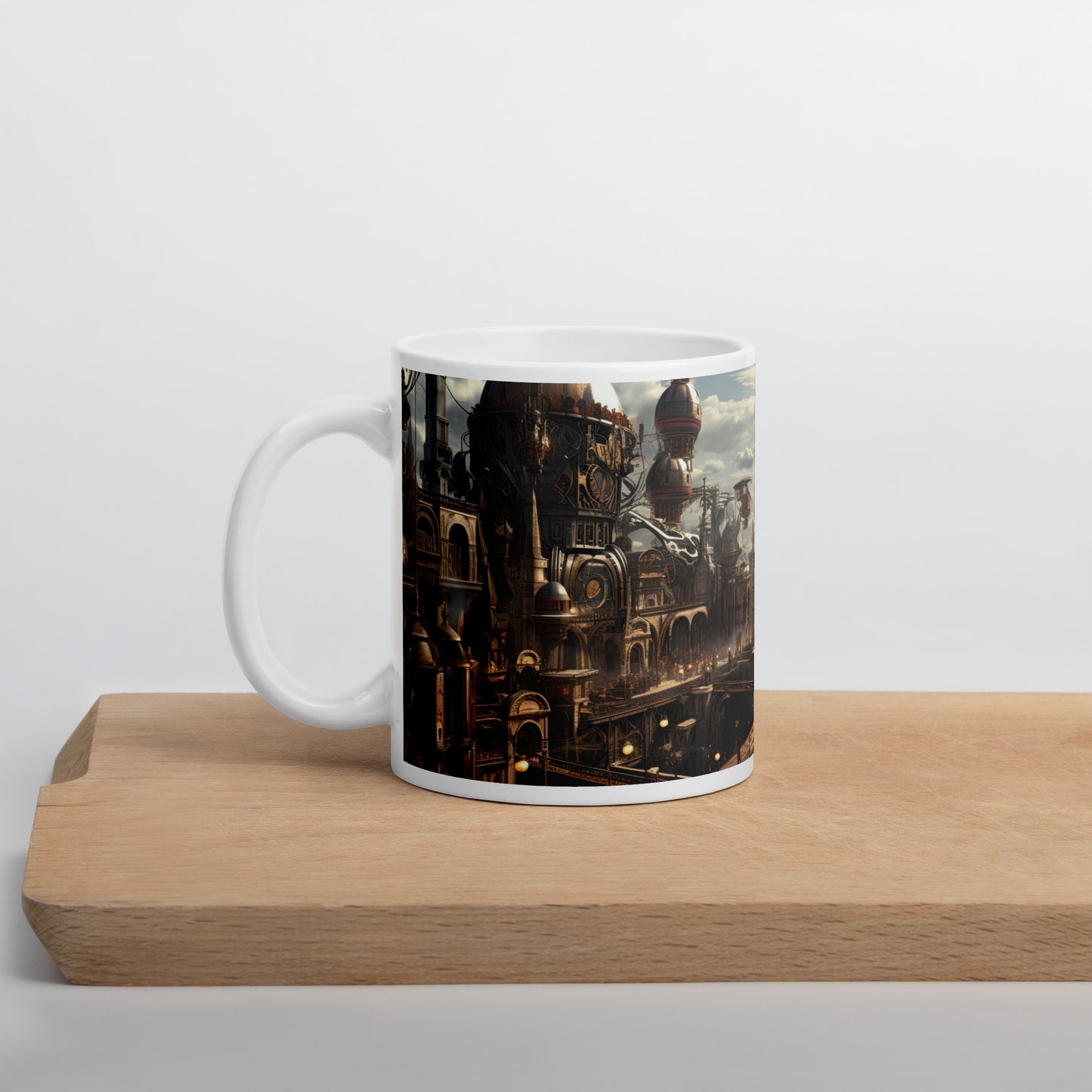 White 11oz sci-fi coffee mug with a full wrap hi-def design of a Steampunk Metropolis with handle on the left.