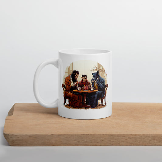 White 11oz horror themed coffee mug with design of classic monsters sitting around a table having a coffee break.