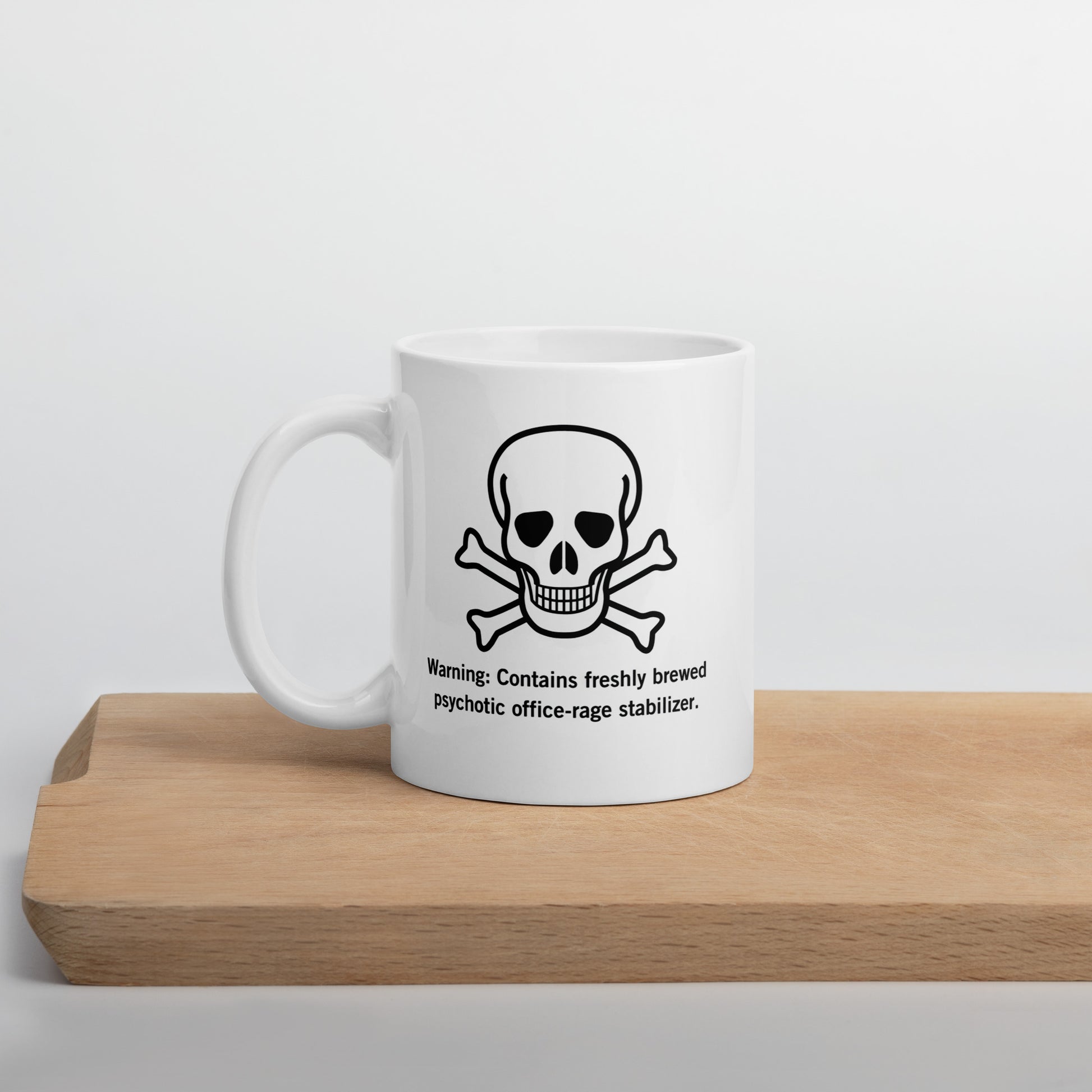 White 11oz tech humor coffee mug with poison logo and slogan ‘Warning: Contains freshly brewed psychotic office-rage stabilizer.’