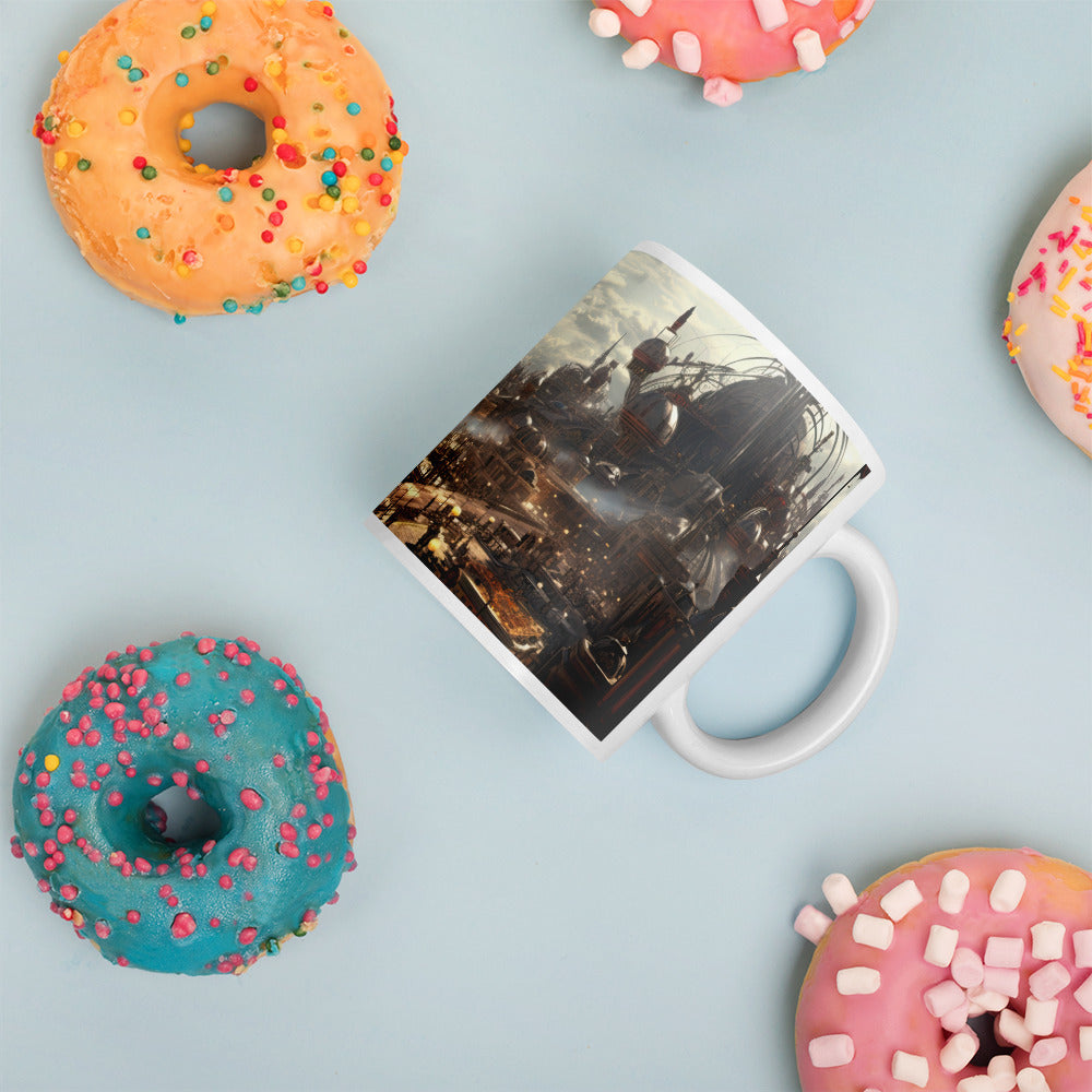 White 11oz sci-fi coffee mug with a full wrap hi-def design of a Steampunk Metropolis with handle on the right amongst donuts.