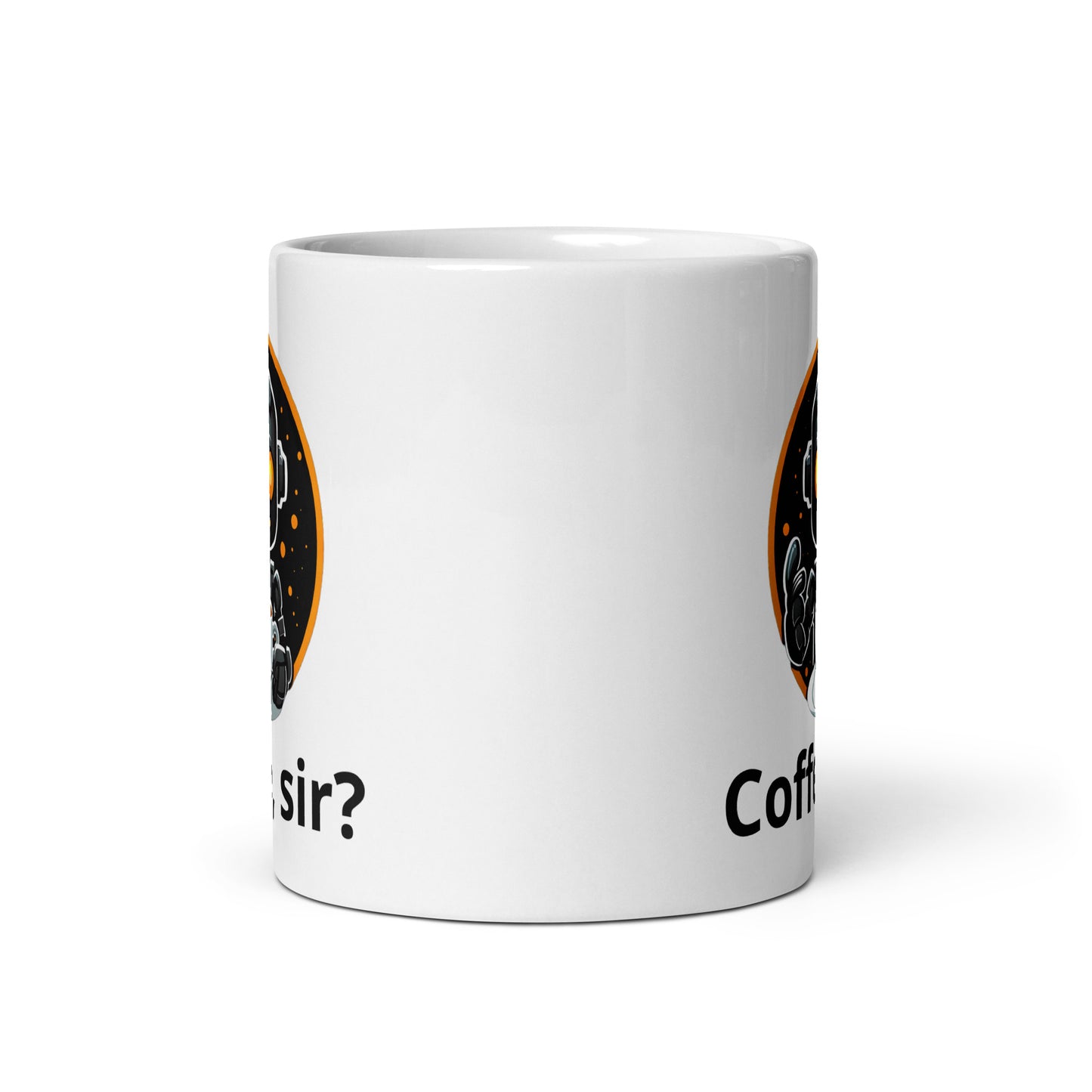 White 11oz robot themed coffee mug featuring a robot barista design with the slogan “Coffee, sir?” 