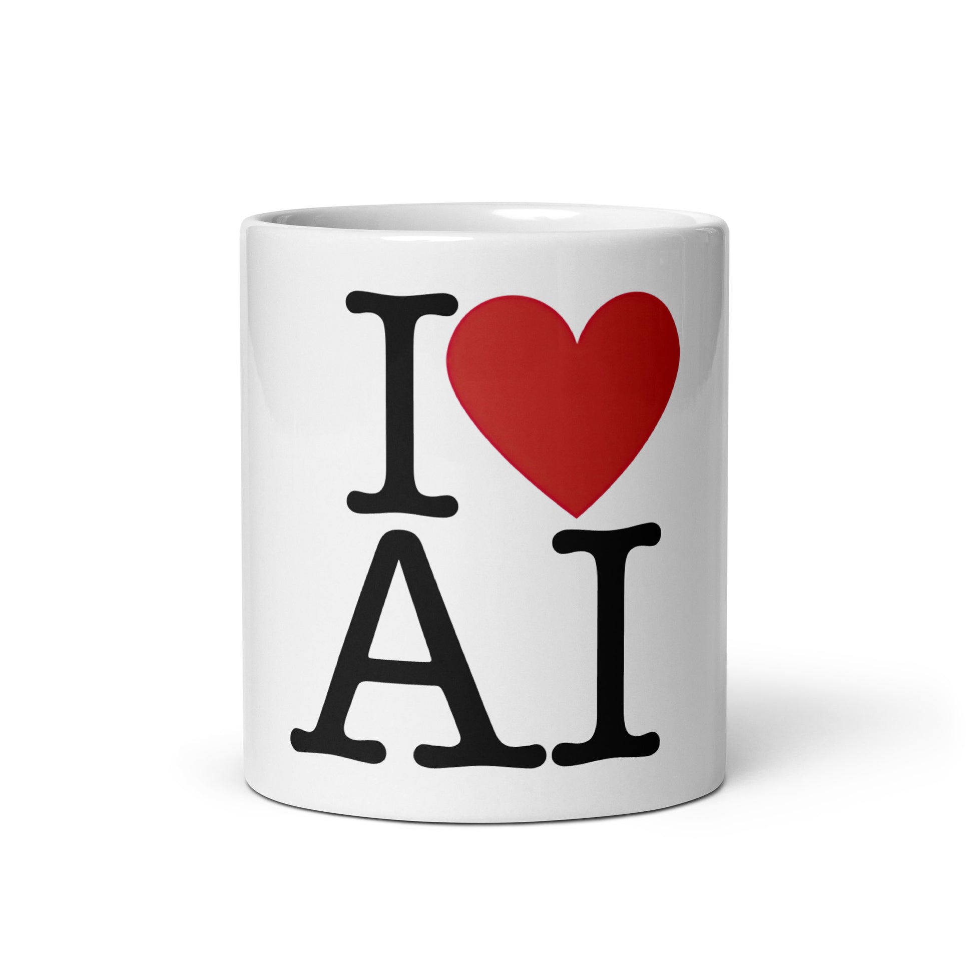 White 11oz AI themed coffee mug with an I Love NY type slogan in the centre ‘I Love AI’.