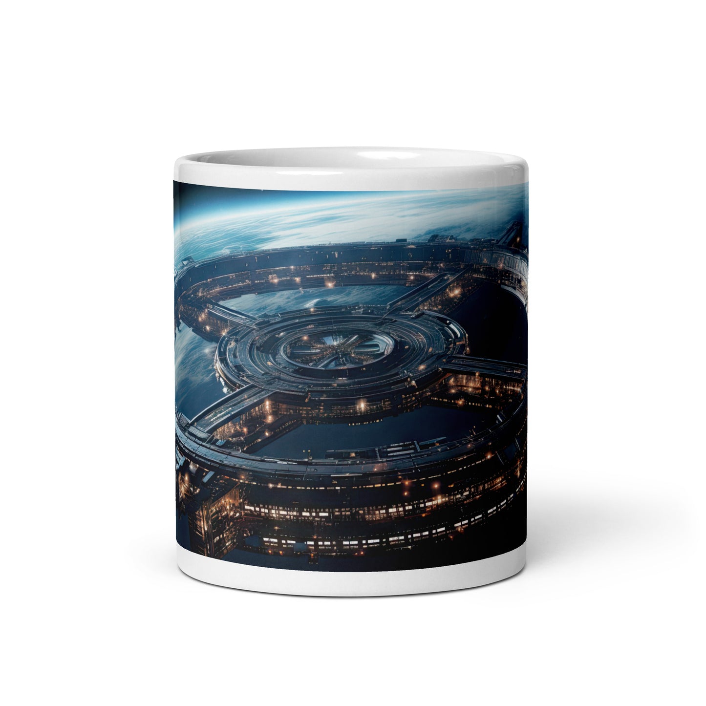 White 11oz sci-fi coffee mug with a full wrap hi-def design of a space station hovering in orbit.