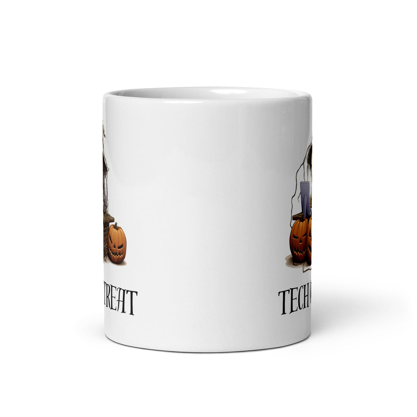 White 11oz tech humor horror coffee mug with a scarecrow on laptop surrounded by pumpkins and the slogan ‘Tech or Treat’.