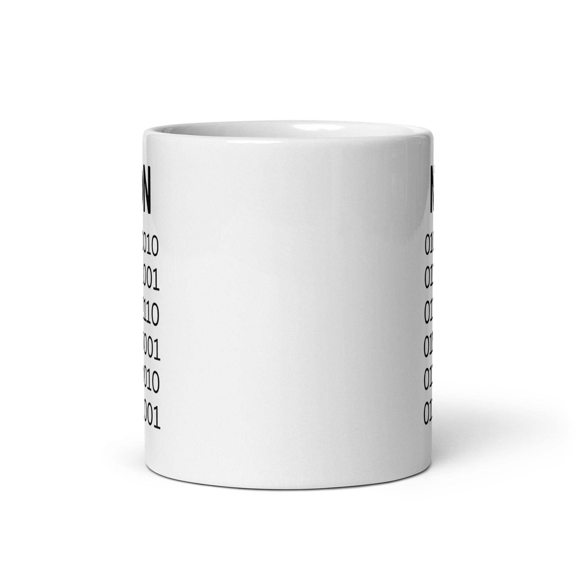 White 11oz tech humor coffee mug with ‘Binary’ displayed in code under the word “Non’.