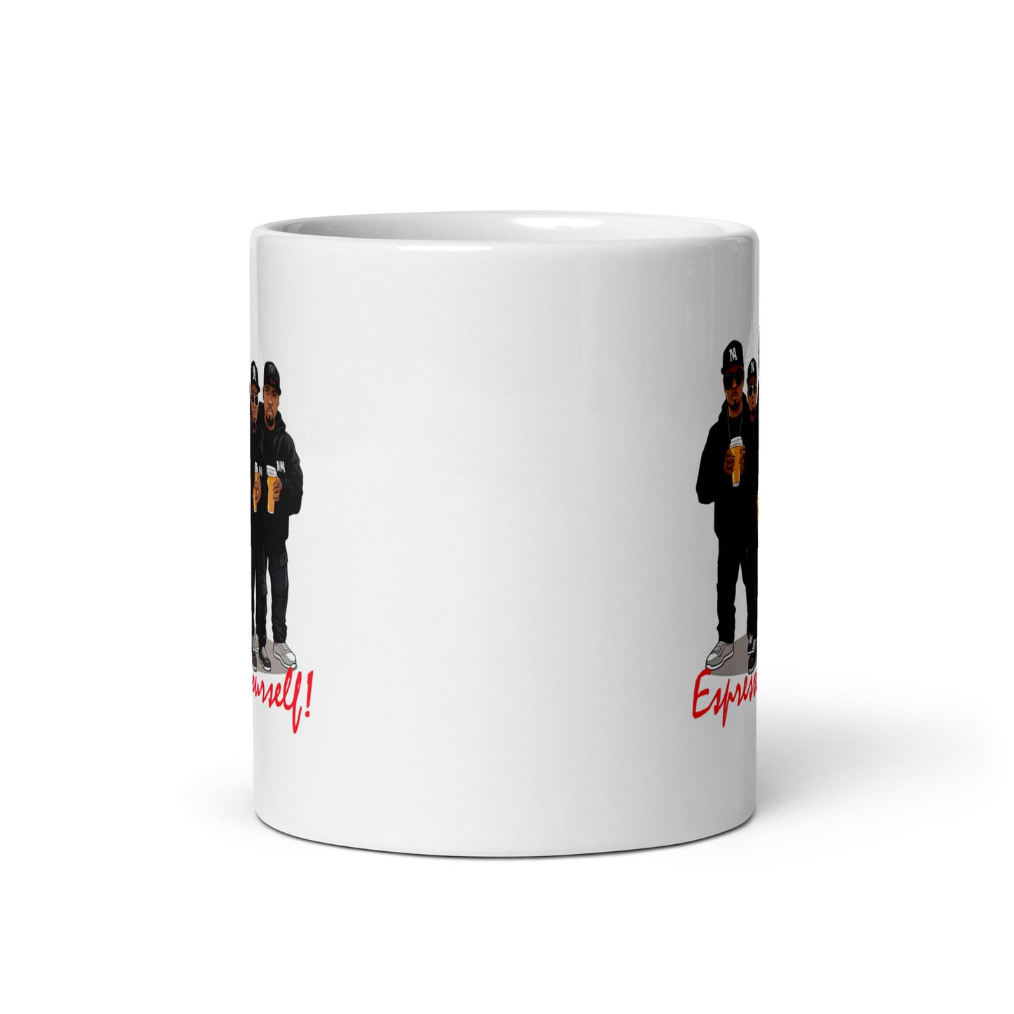 White 11oz retro coffee mug featuring a rap group design with the slogan ‘Espresso Yourself!’