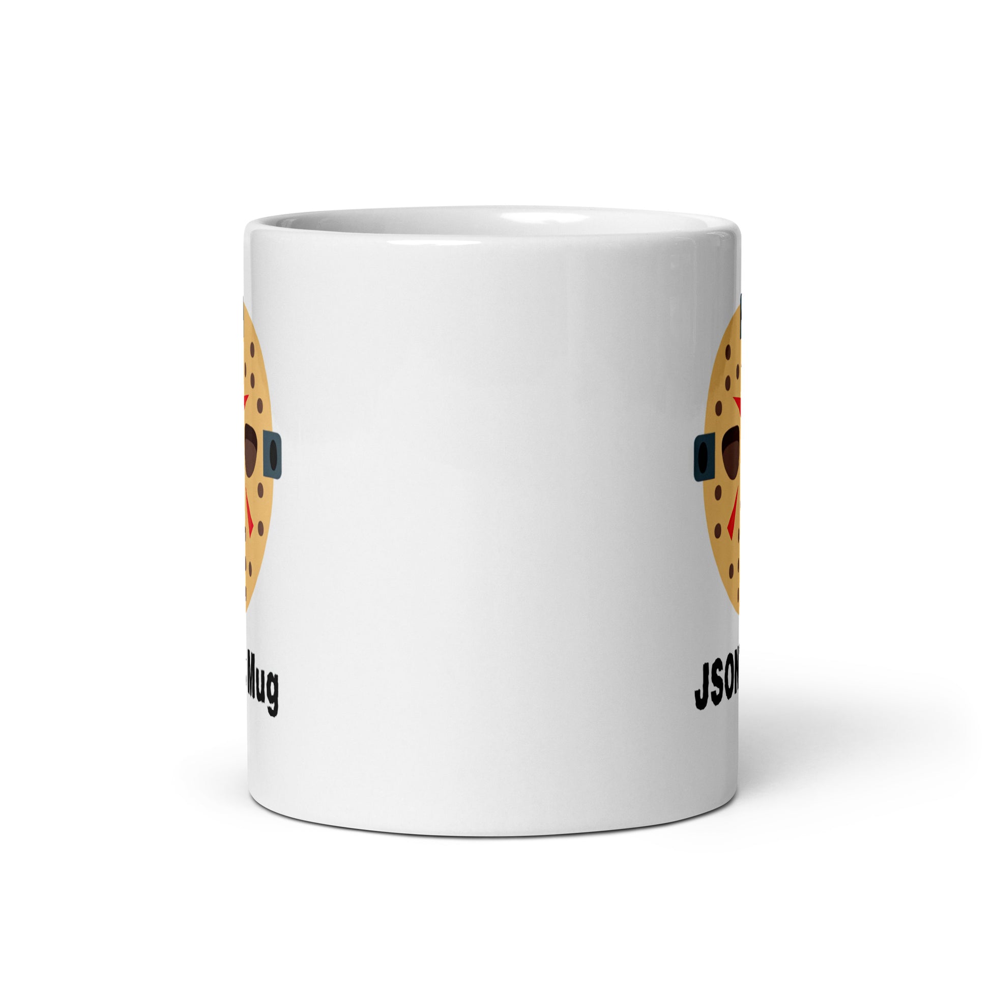 White 11oz tech humor horror coffee mug with a hockey mask design that reads ‘JSON's Mug’.