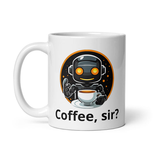 White 11oz robot themed coffee mug featuring a robot barista design with the slogan “Coffee, sir?” with handle on the left.