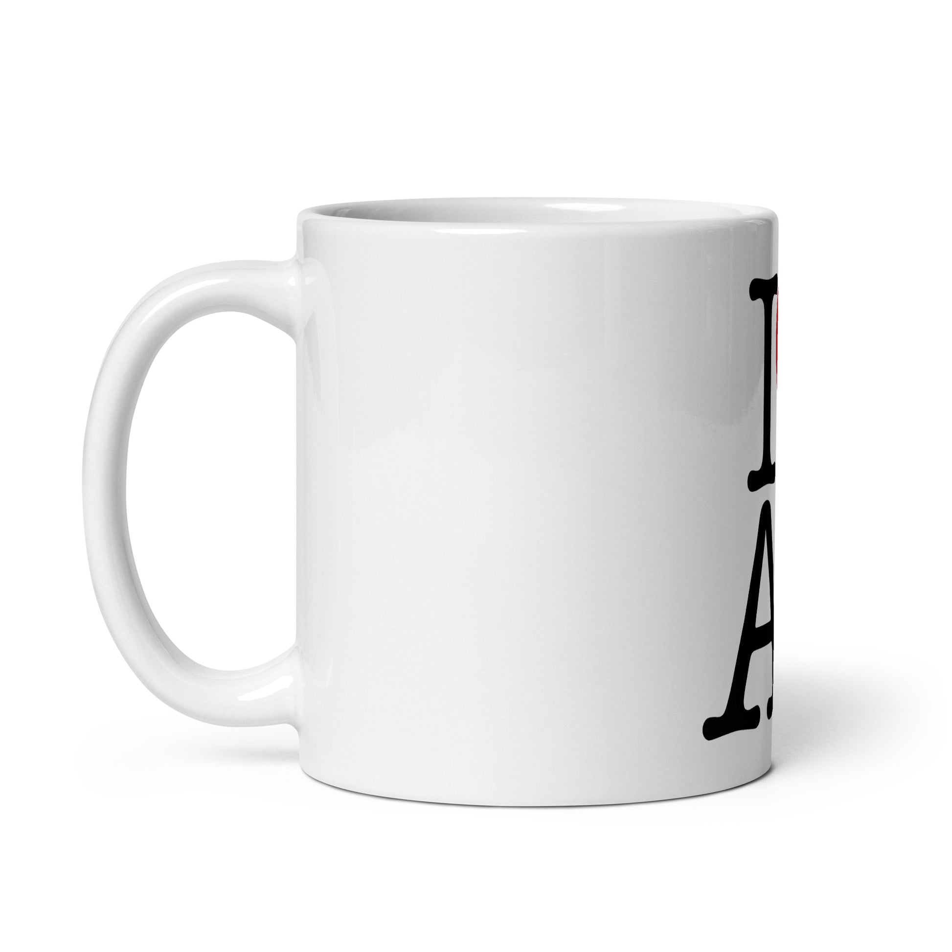 White 11oz AI themed coffee mug with an I Love NY type slogan in the centre ‘I Love AI’ with handle on left.