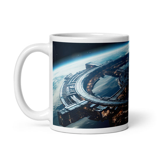 White 11oz sci-fi coffee mug with a full wrap hi-def design of a space station hovering in orbit with handle on the left.