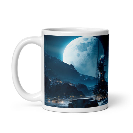 White 11oz sci-fi themed coffee mug with full wrap design of a moon mining operation with handle on left.