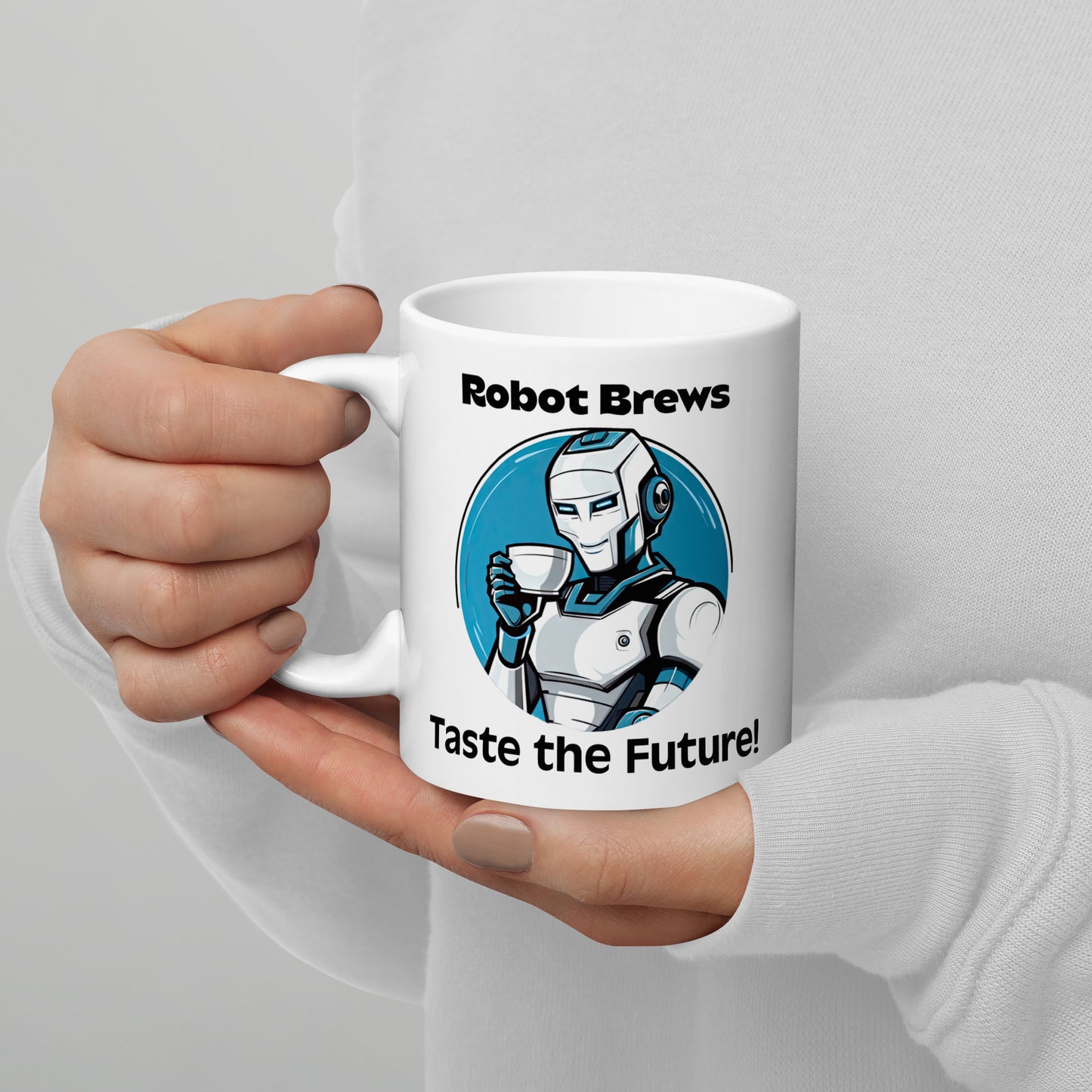 White 11oz robot themed coffee mug with a robot with coffee mug and the slogan ‘Robot Brews: Taste the Future!’