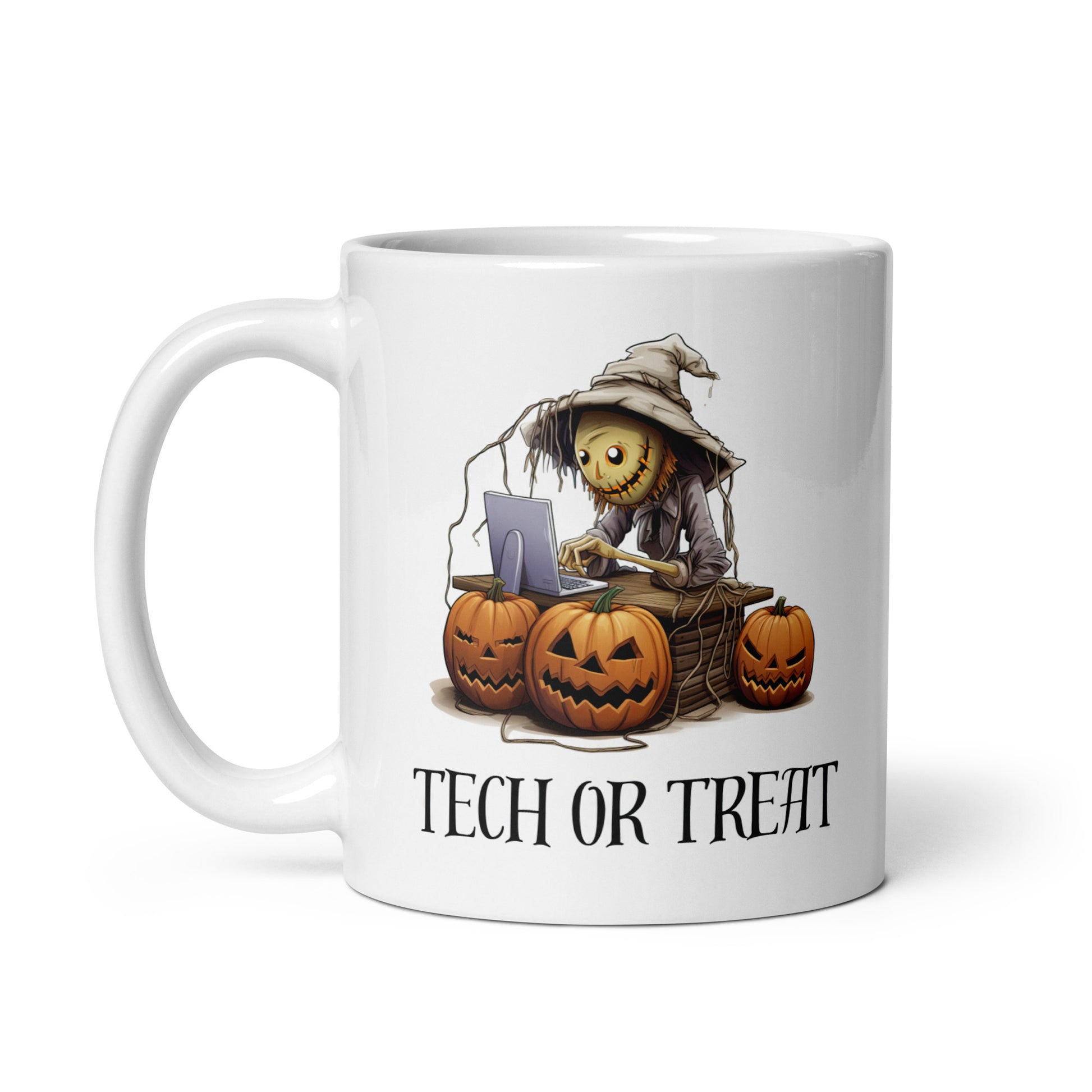 White 11oz tech humor horror coffee mug with a scarecrow on laptop surrounded by pumpkins and the slogan ‘Tech or Treat’.