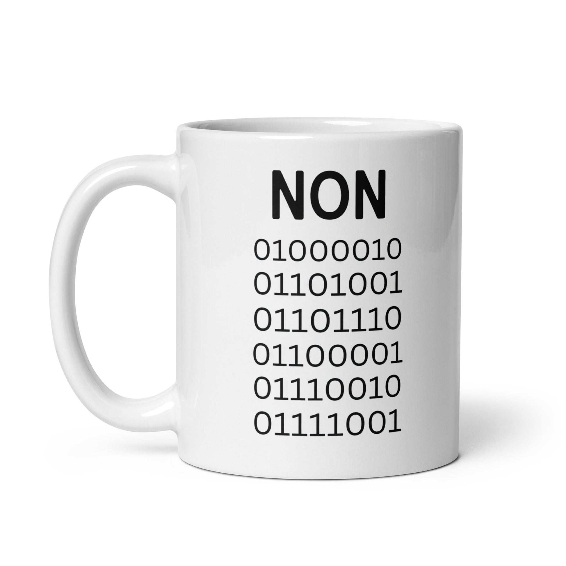 White 11oz tech humor coffee mug with ‘Binary’ displayed in code under the word “Non’ with handle on the left.