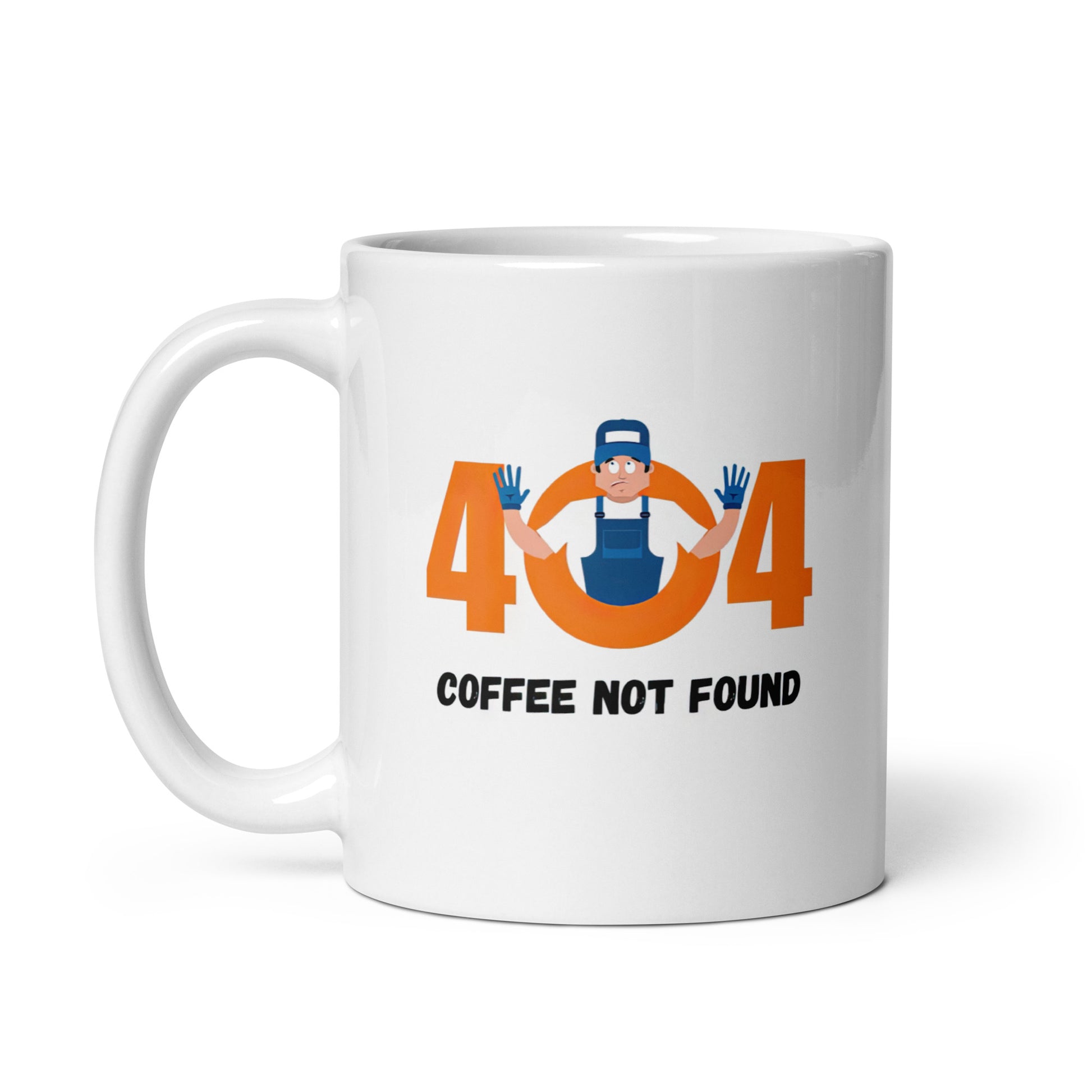 White 11oz tech humor coffee mug featuring slogan “404 Coffee Not Found” with handle on the left.