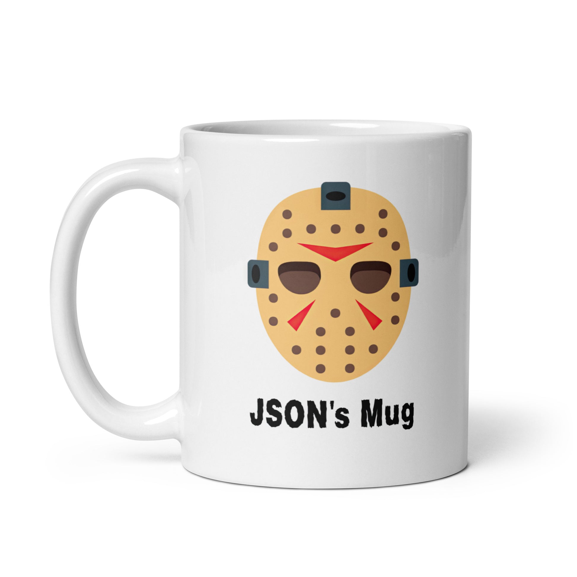 White 11oz tech humor horror coffee mug with a hockey mask design that reads ‘JSON's Mug’ handle on the left.