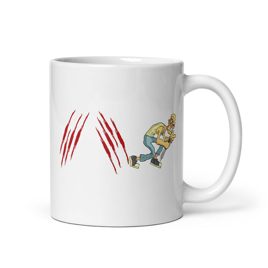 White 11oz horror coffee mug with a knifeman design and slogan ‘Forward Slash. Backslash. Escape.’ with handle on the right.