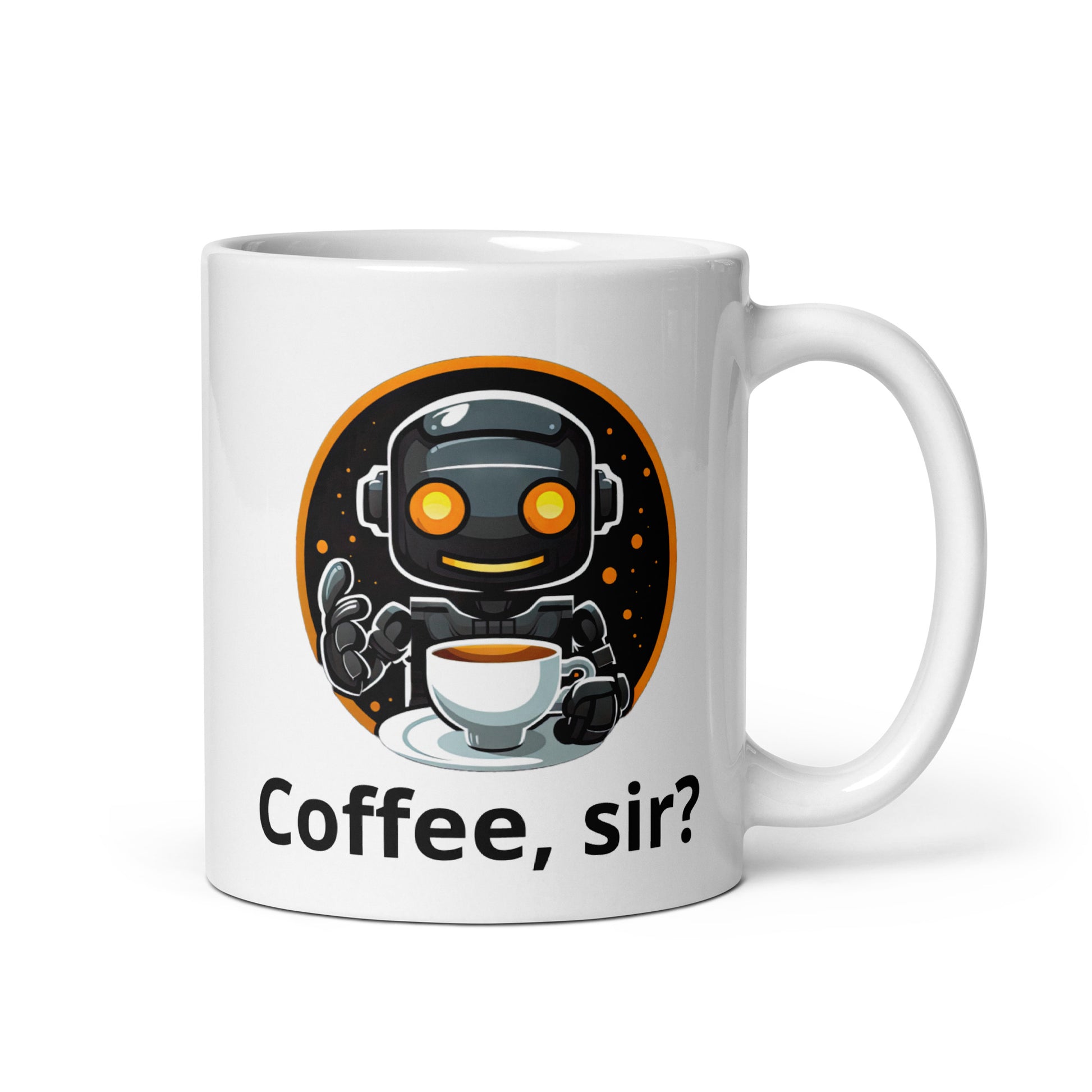 White 11oz robot themed coffee mug featuring a robot barista design with the slogan “Coffee, sir?” with handle on the right.