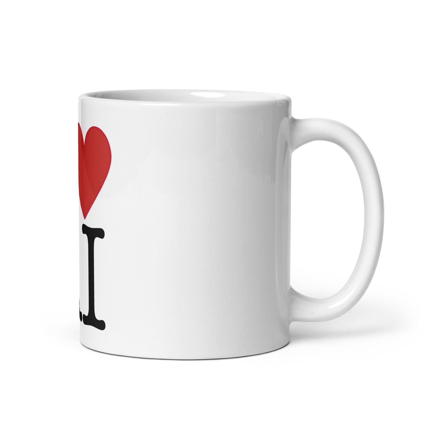 White 11oz AI themed coffee mug with an I Love NY type slogan in the centre ‘I Love AI’ with handle on right.