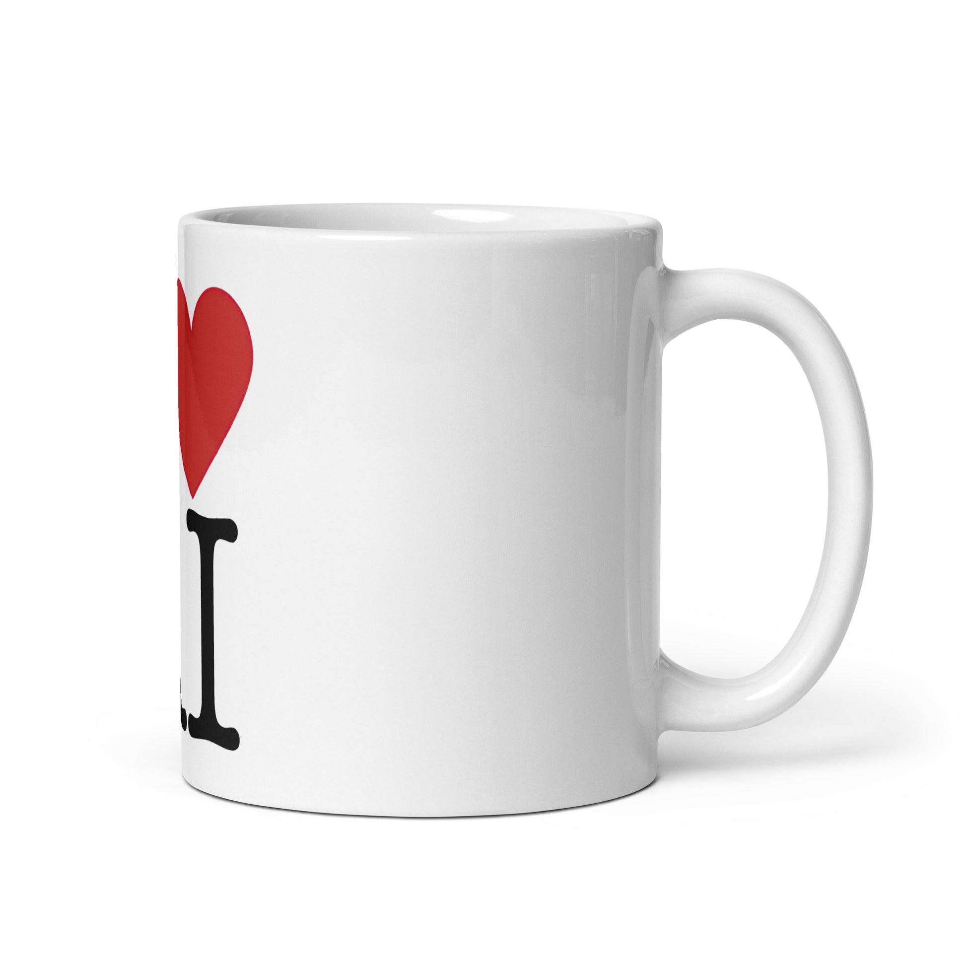 White 11oz AI themed coffee mug with an I Love NY type slogan in the centre ‘I Love AI’ with handle on right.