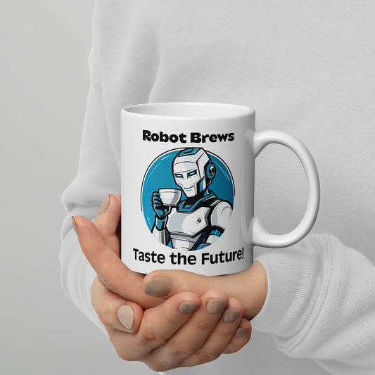 White 11oz robot themed coffee mug with a robot with coffee mug and the slogan ‘Robot Brews: Taste the Future!’