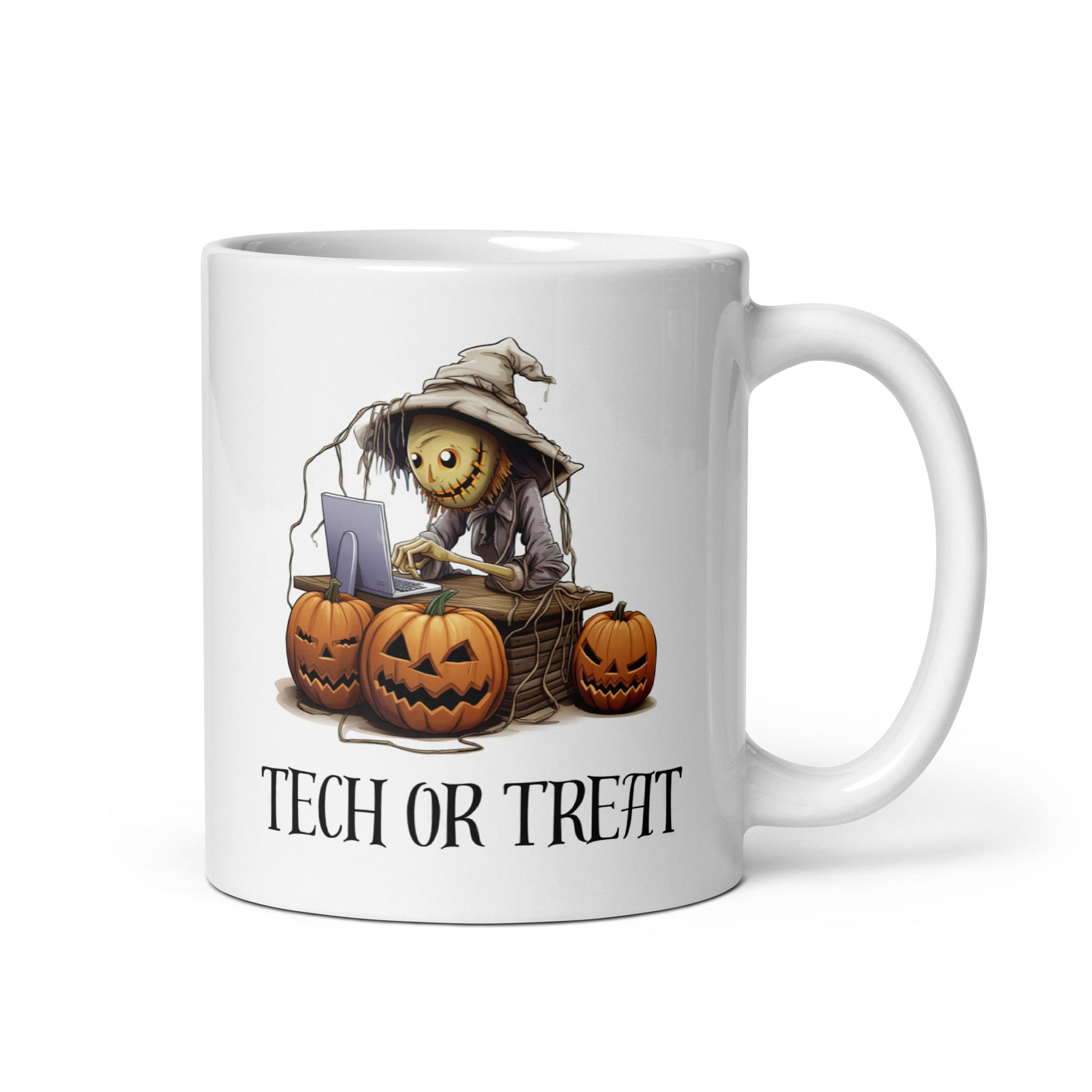 White 11oz tech humor horror coffee mug with a scarecrow on laptop surrounded by pumpkins and the slogan ‘Tech or Treat’.