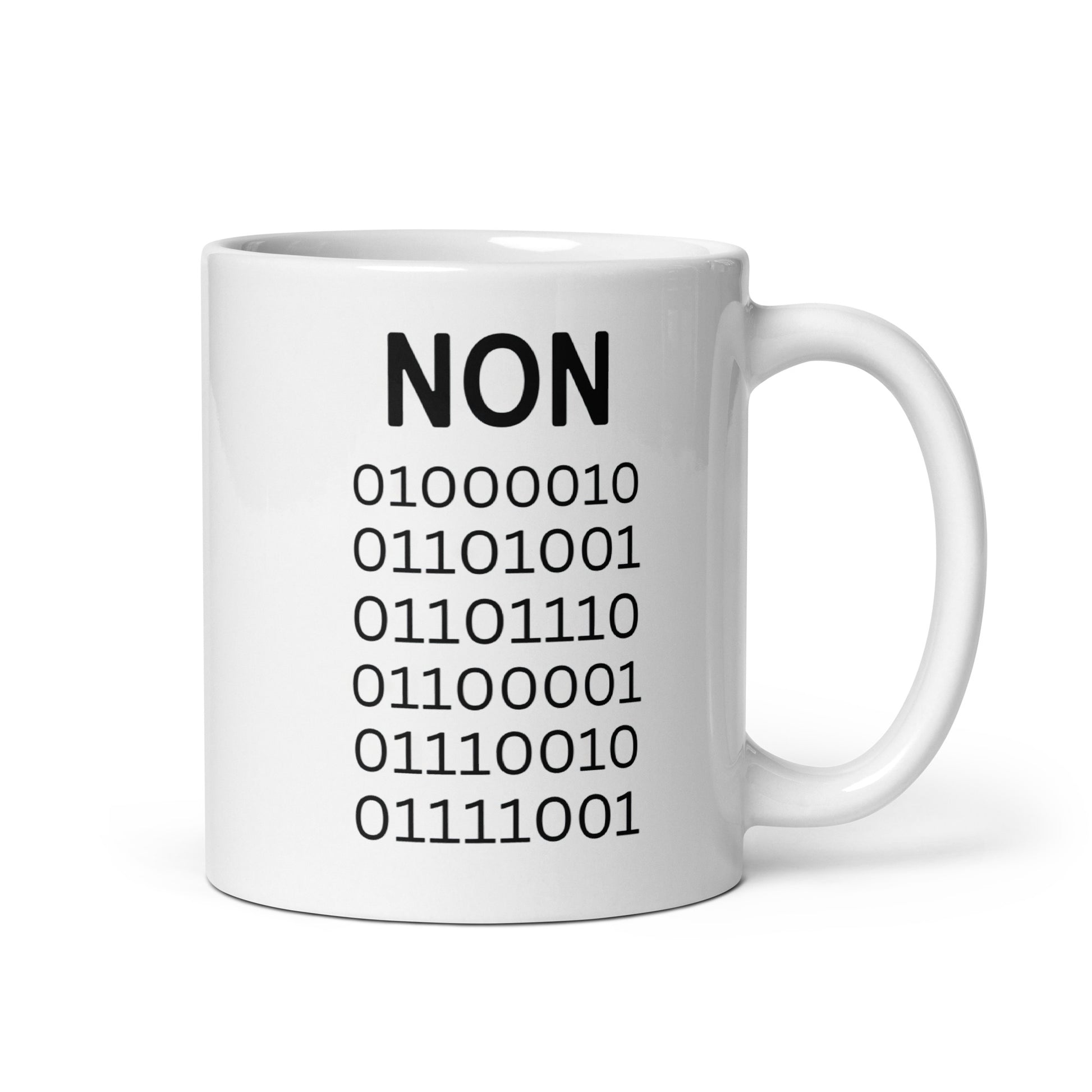 White 11oz tech humor coffee mug with ‘Binary’ displayed in code under the word “Non’ with handle on the right.