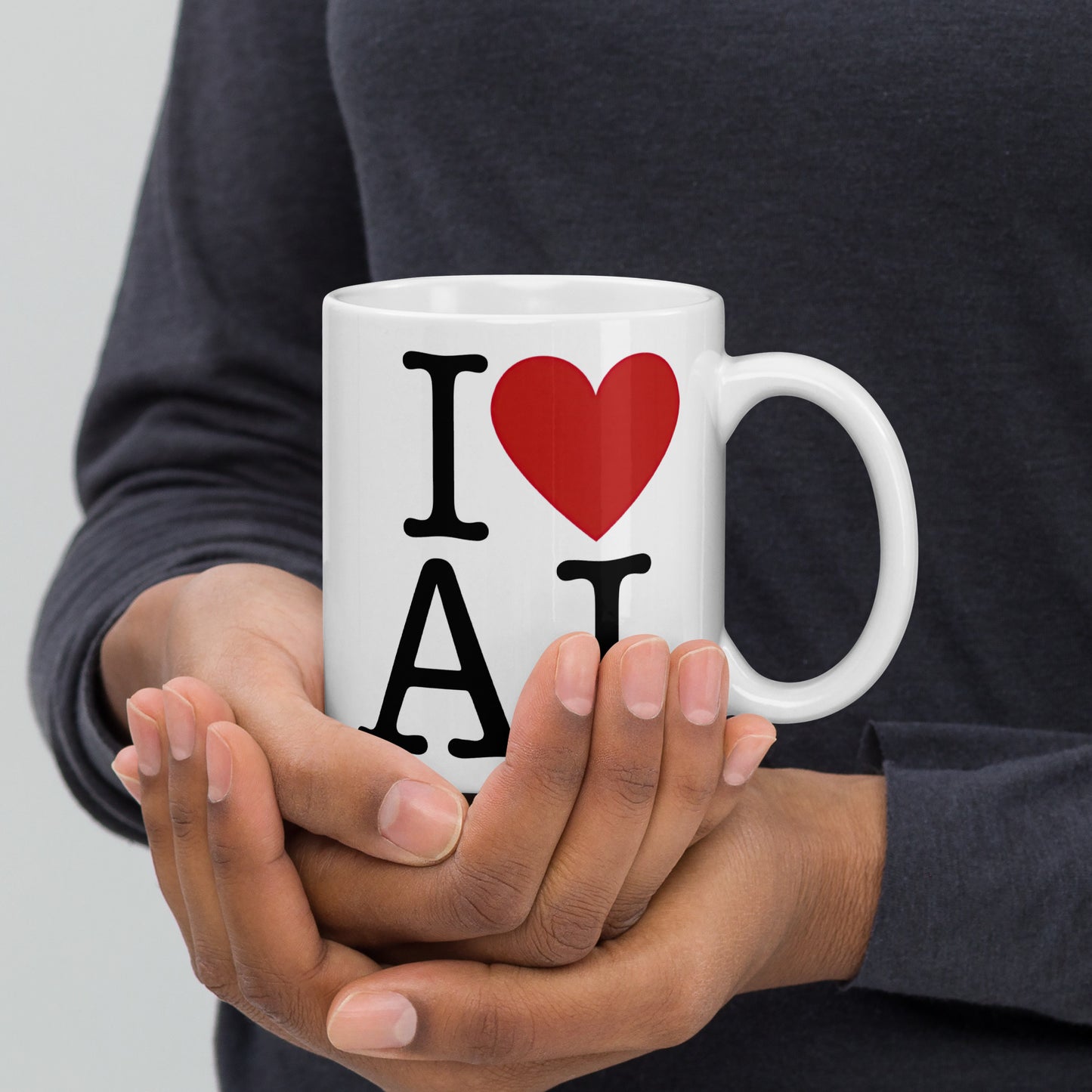 White 11oz AI themed coffee mug with an I Love NY type slogan ‘I Love AI’ with handle on right.