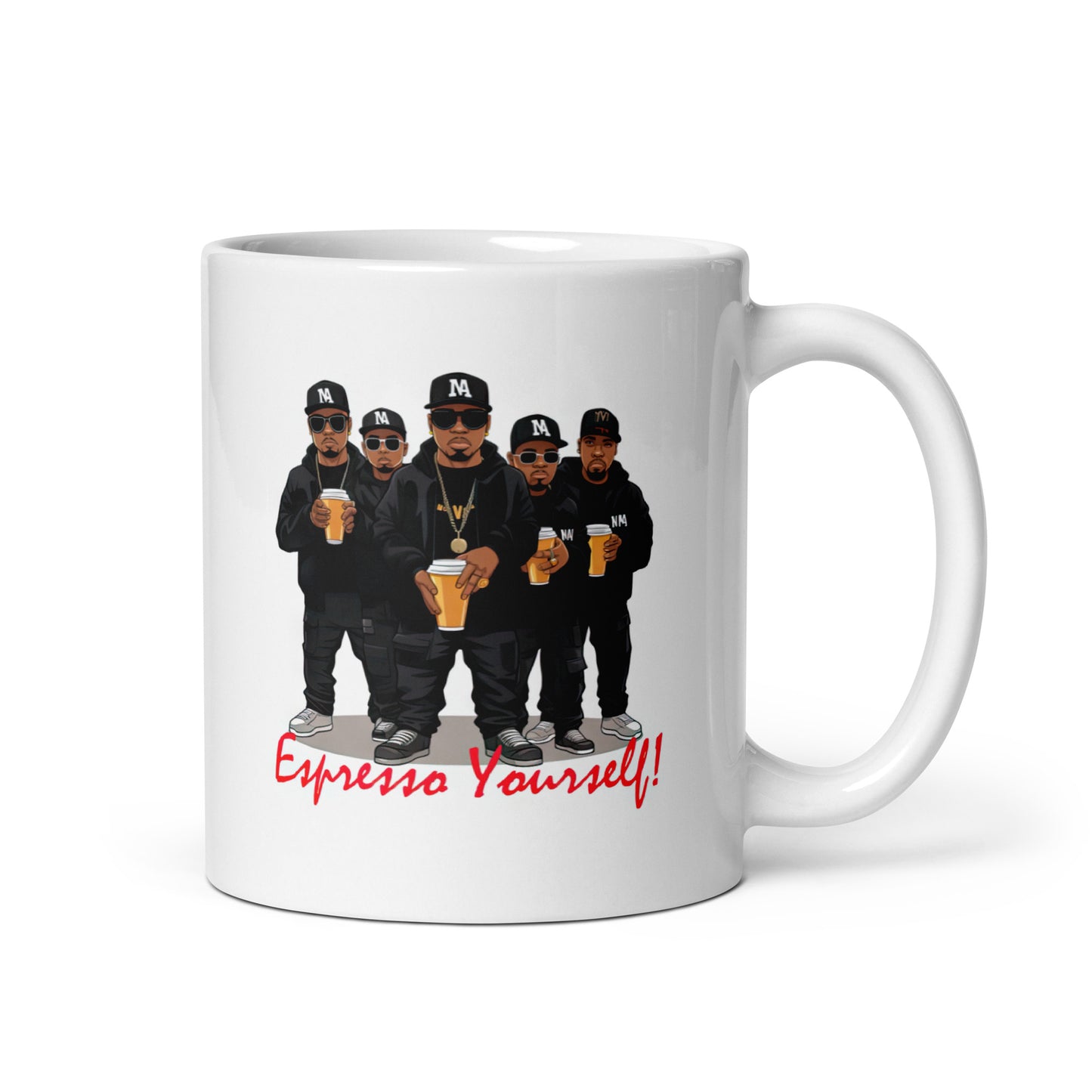 White 11oz retro coffee mug featuring a rap group design with the slogan ‘Espresso Yourself!’ with handle on the right.