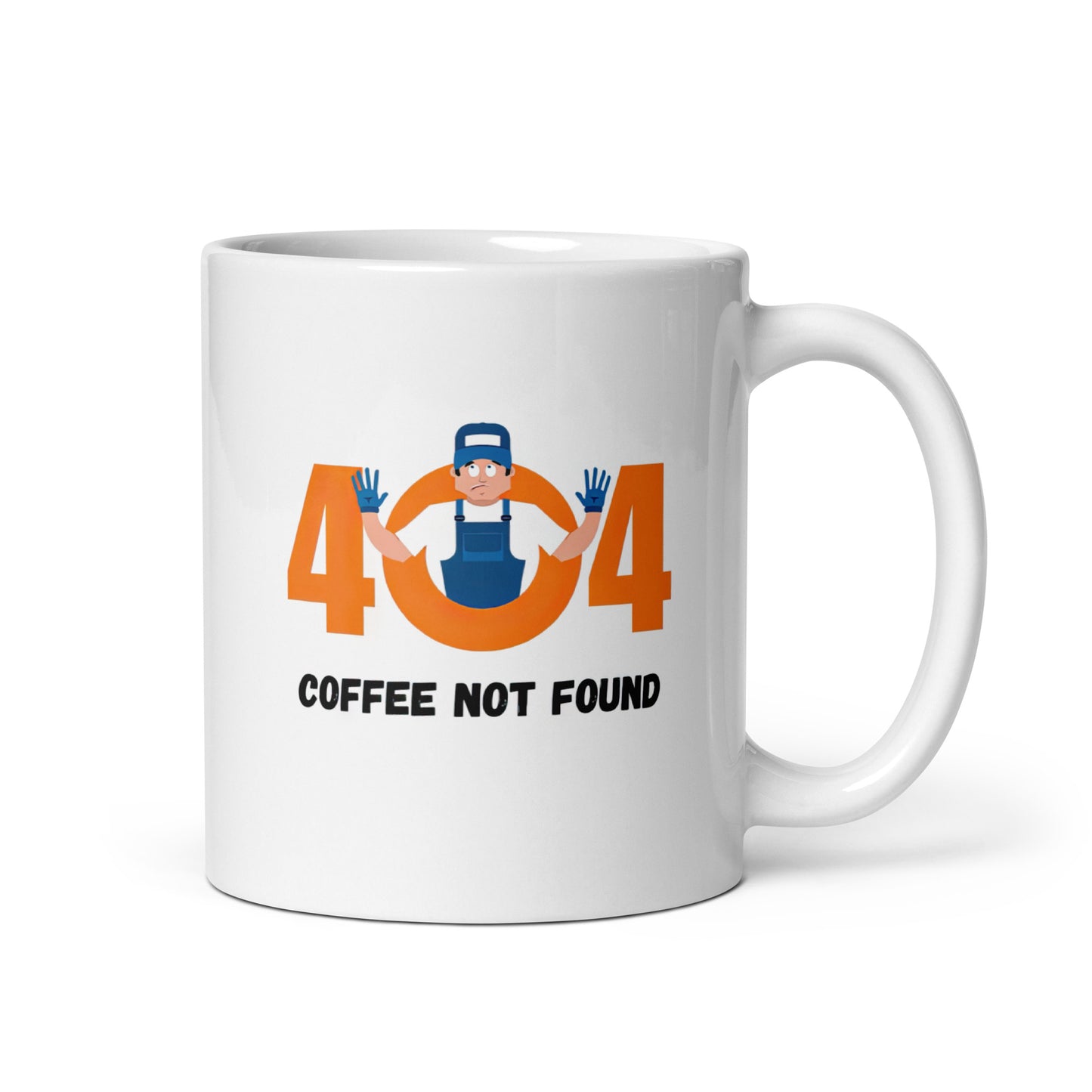 White 11oz tech humor coffee mug featuring slogan “404 Coffee Not Found” with handle on the right.