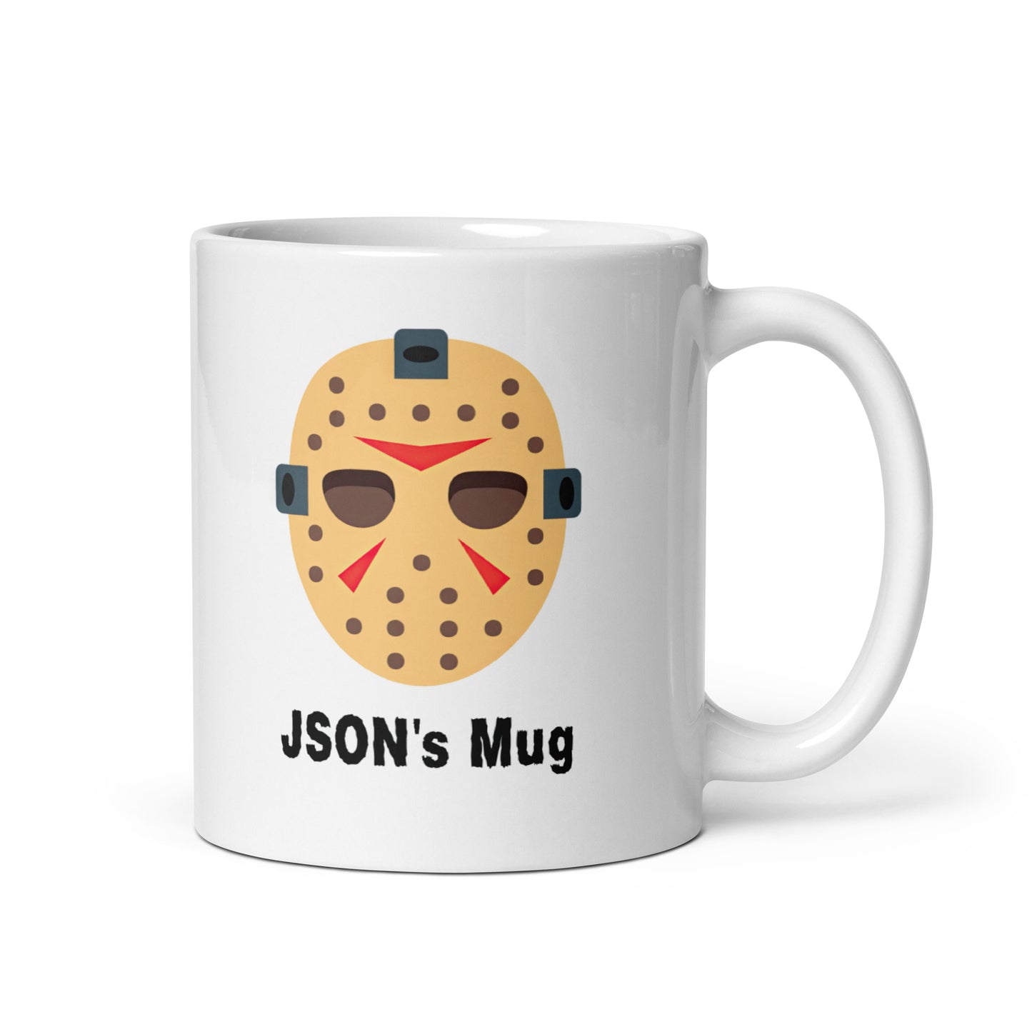 White 11oz tech humor horror coffee mug with a hockey mask design that reads ‘JSON's Mug’ handle on the right.