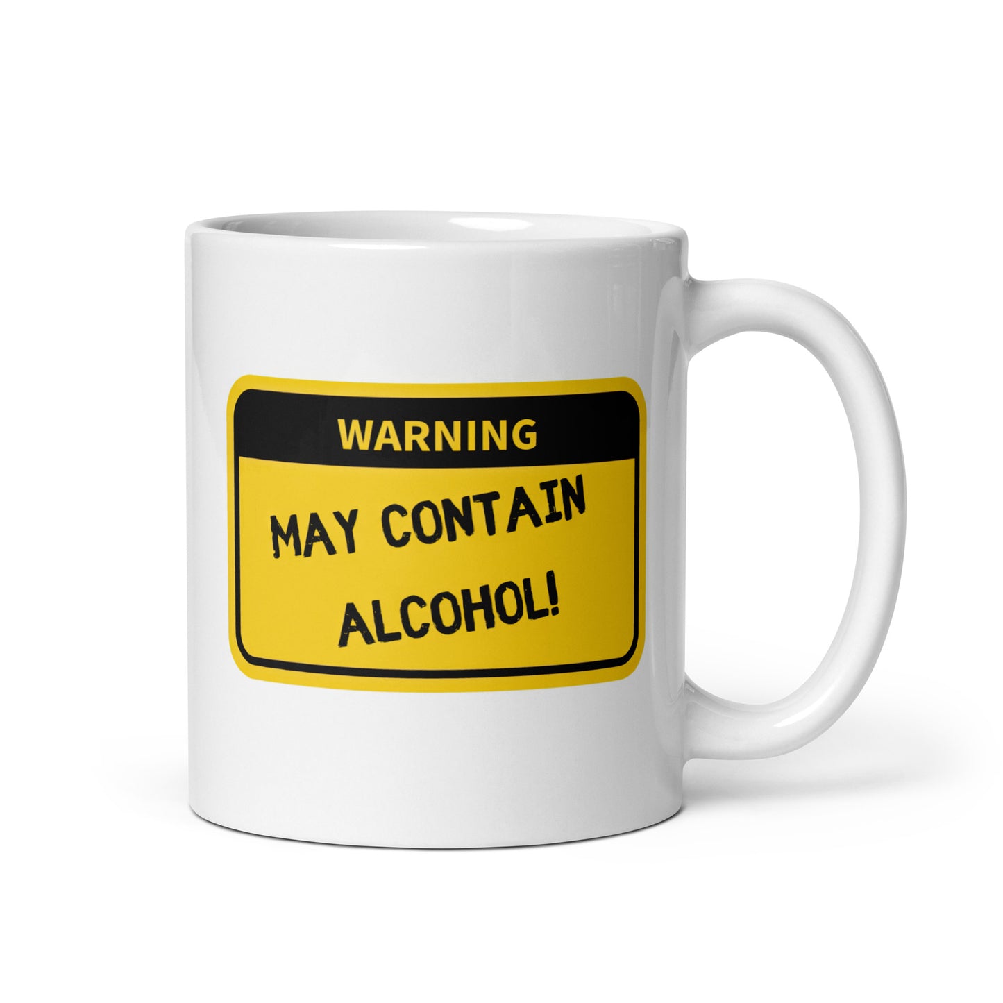 White 11oz tech humor coffee mug with name label that says, ‘Warning: May Contain Alcohol!’ with handle on right.